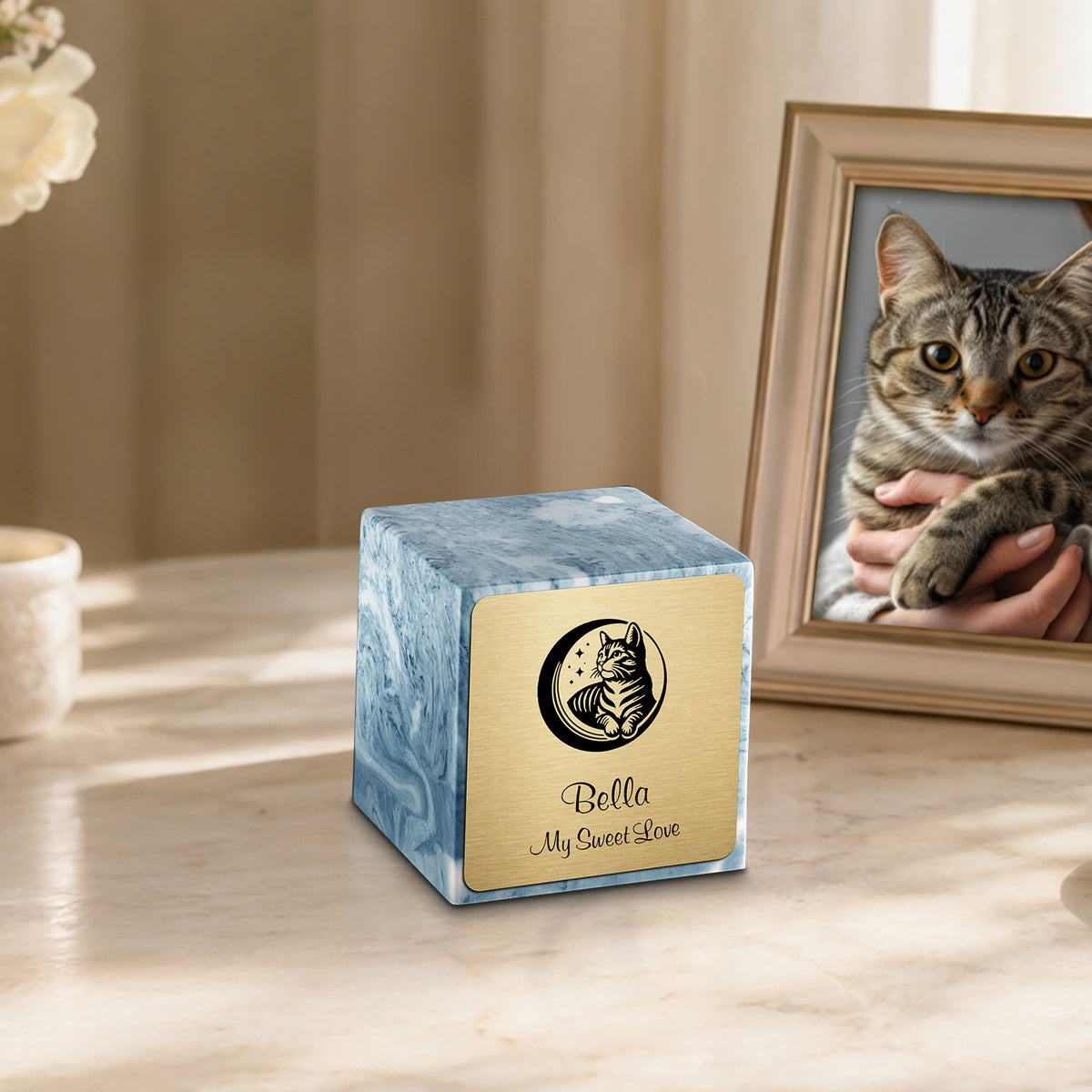 Small Cube Cat Sky Blue Cultured Marble Pet Cremation Urn by MacKenzie