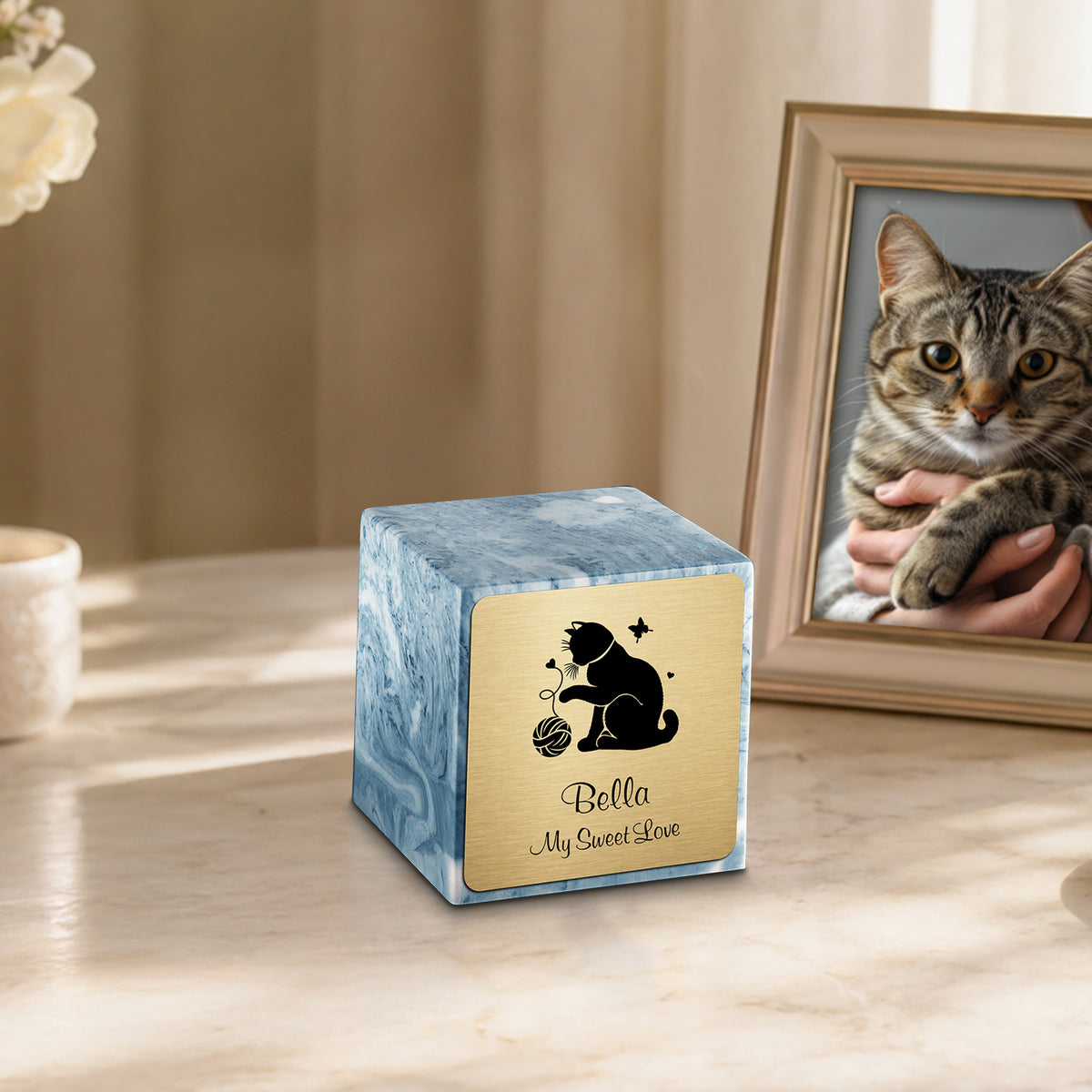 Small Cube Fun Cat Sky Blue Cultured Marble Pet Cremation Urn by MacKenzie