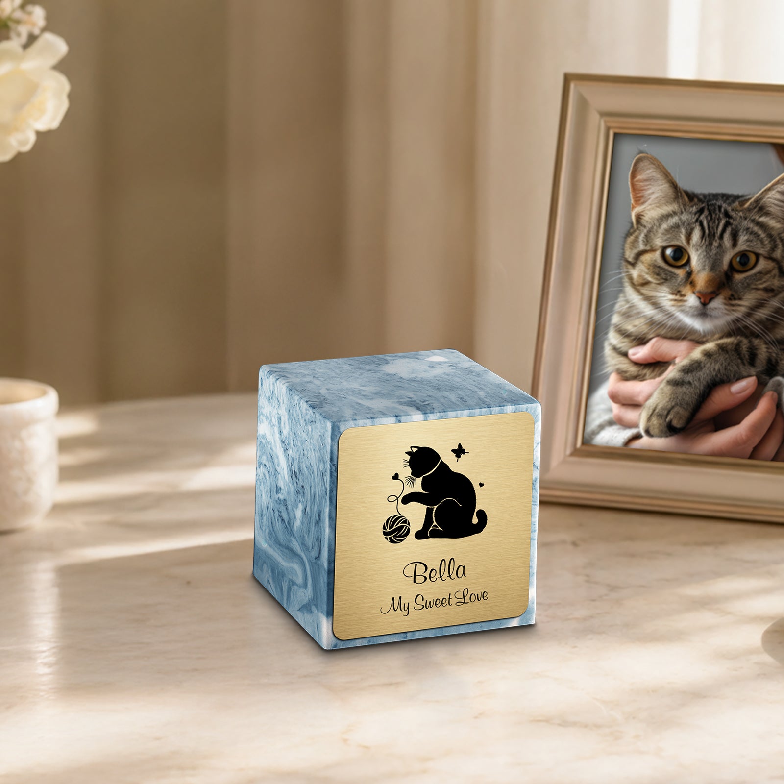 Small Cube Fun Cat Sky Blue Cultured Marble Pet Cremation Urn by MacKenzie