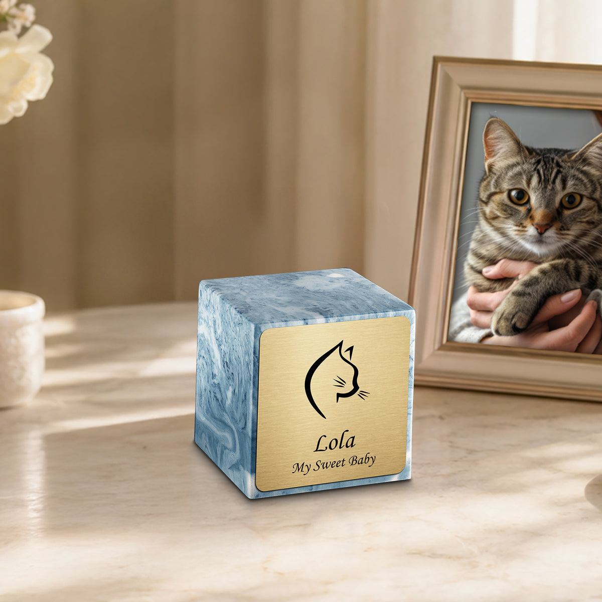 Small Cube Cat Head Sky Blue Cultured Marble Pet Cremation Urn by MacKenzie