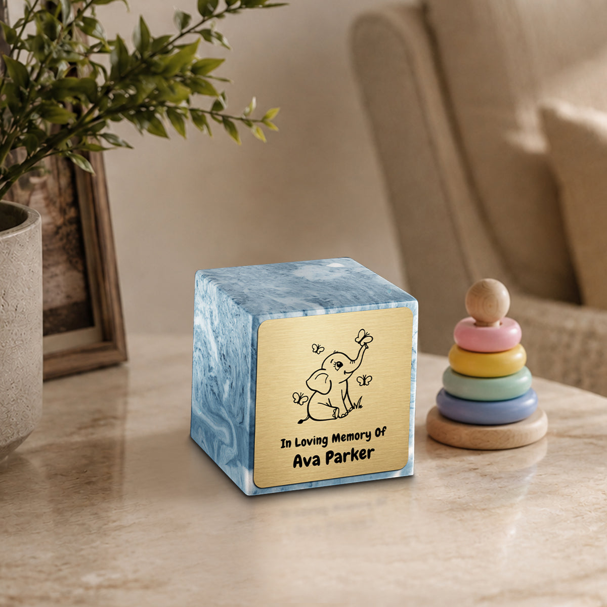 Small Cube Baby Elephant Sky Blue Cultured Marble Child Cremation Urn by MacKenzie