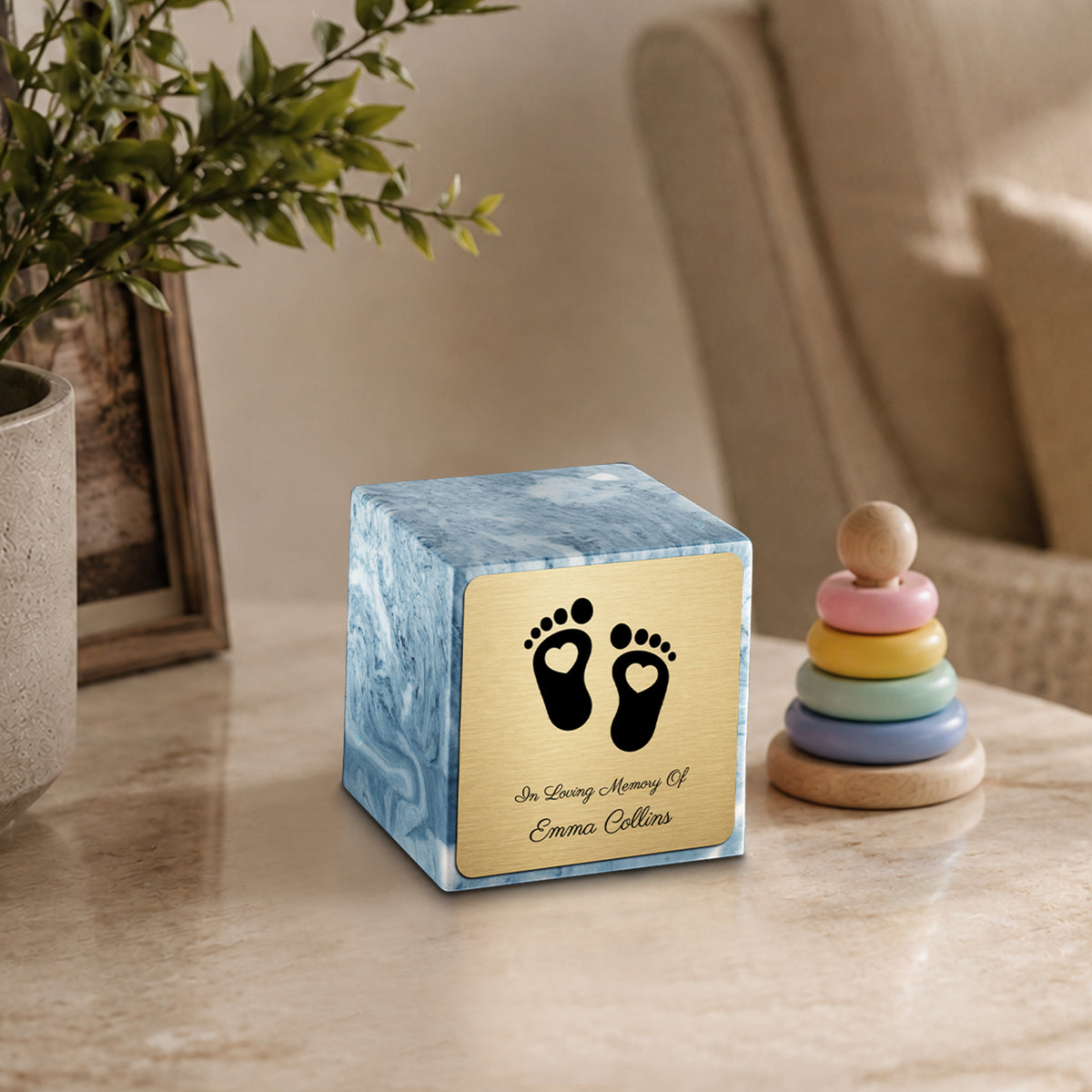 Small Cube Loving Heart Feet Sky Blue Cultured Marble Child Cremation Urn by MacKenzie