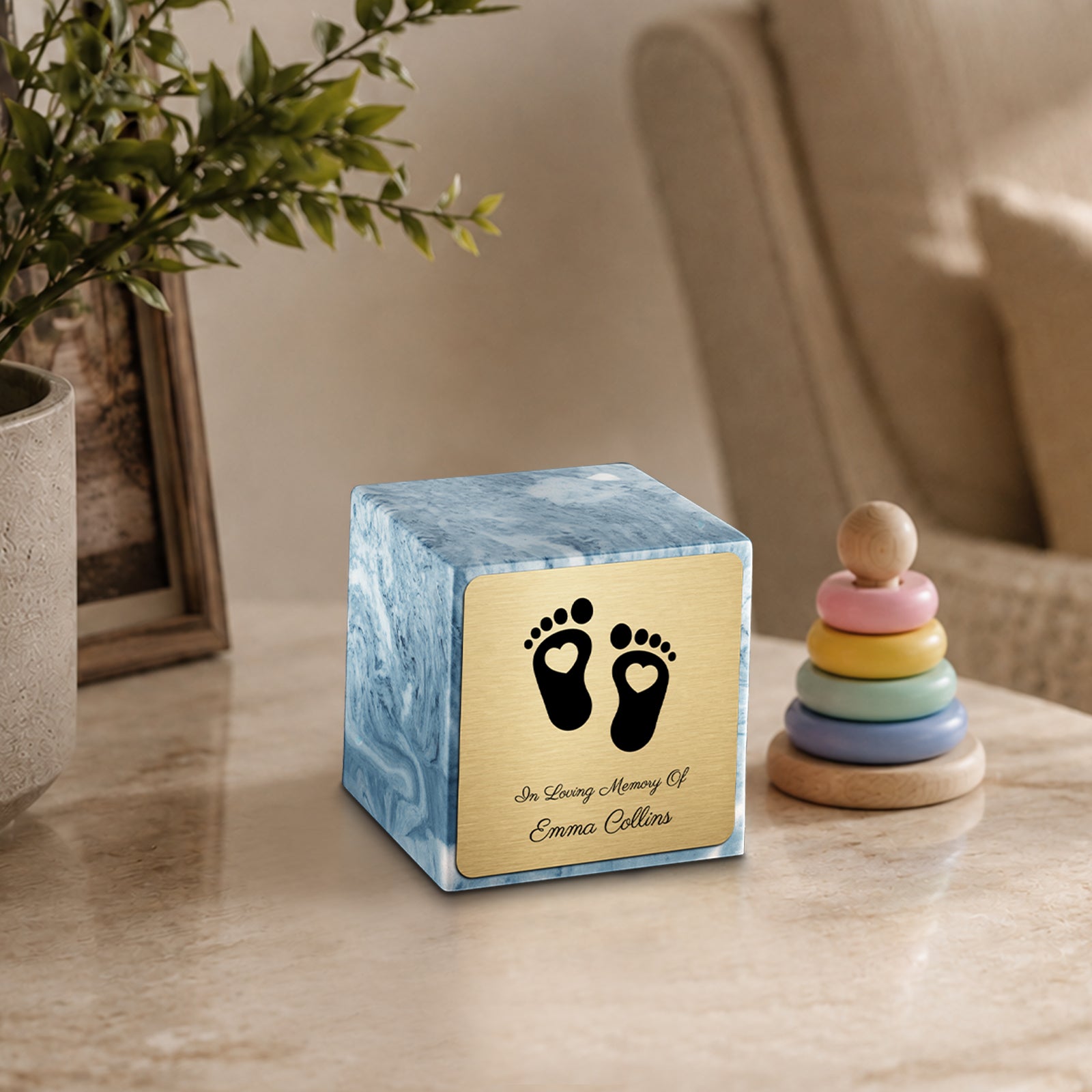Small Cube Loving Heart Feet Sky Blue Cultured Marble Child Cremation Urn by MacKenzie
