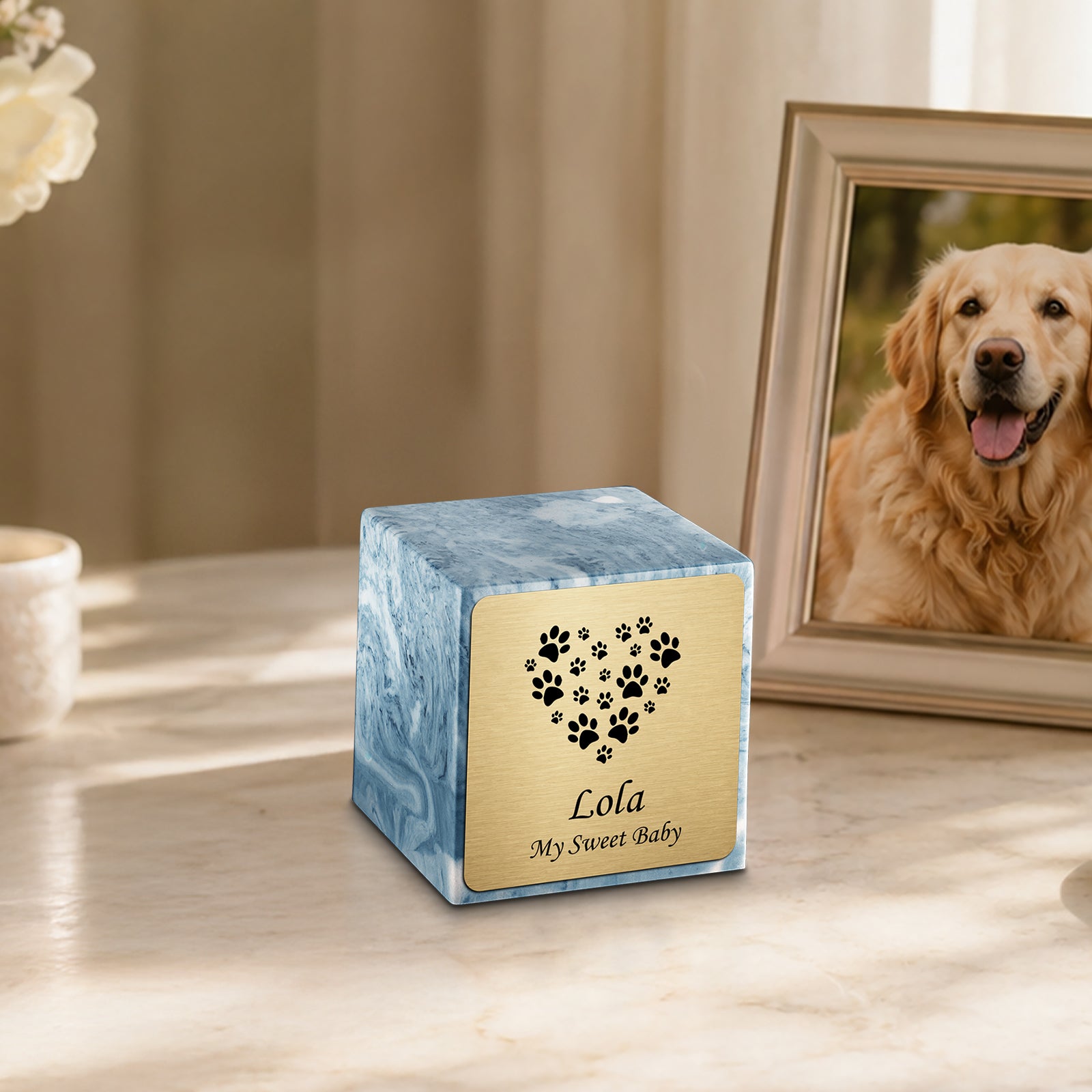 Small Cube Heart Paw Sky Blue Cultured Marble Pet Cremation Urn by MacKenzie