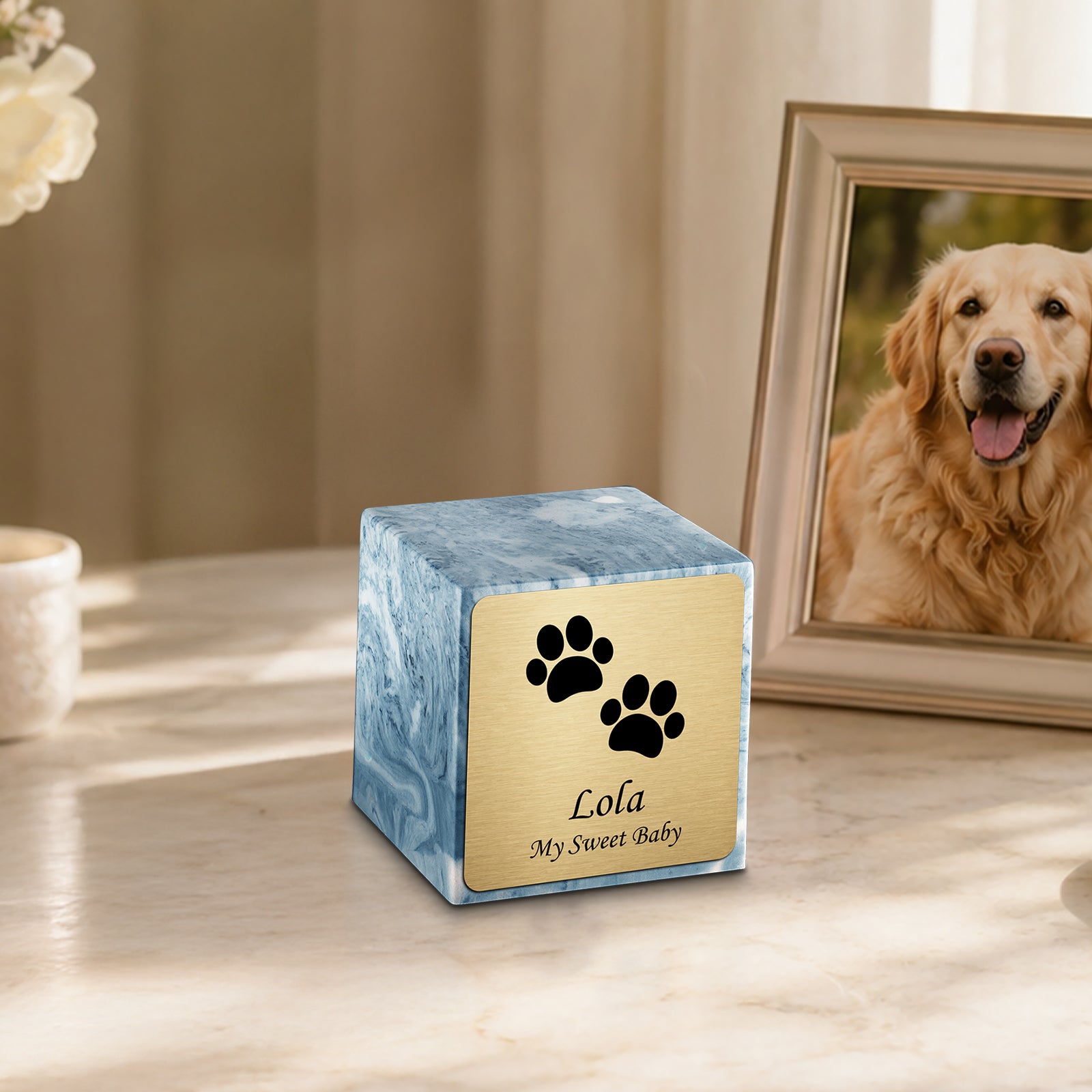 Small Cube Walking Paws Sky Blue Cultured Marble Pet Cremation Urn by MacKenzie