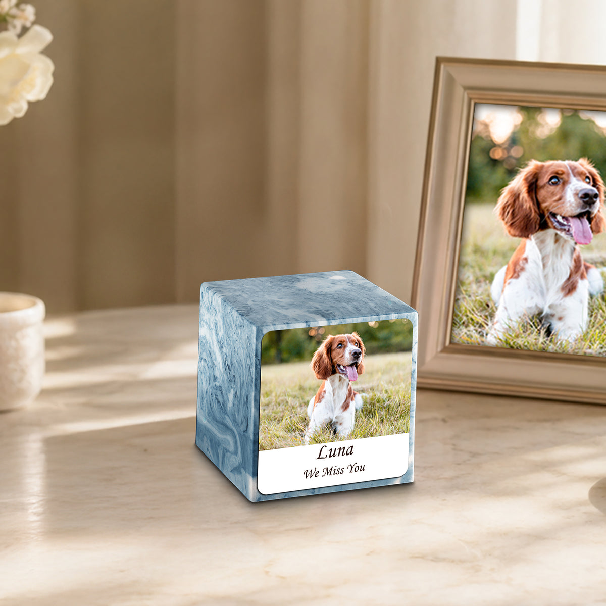 Small Cube Custom Pet Photo Sky Blue Cultured Marble Pet Cremation Urn by MacKenzie