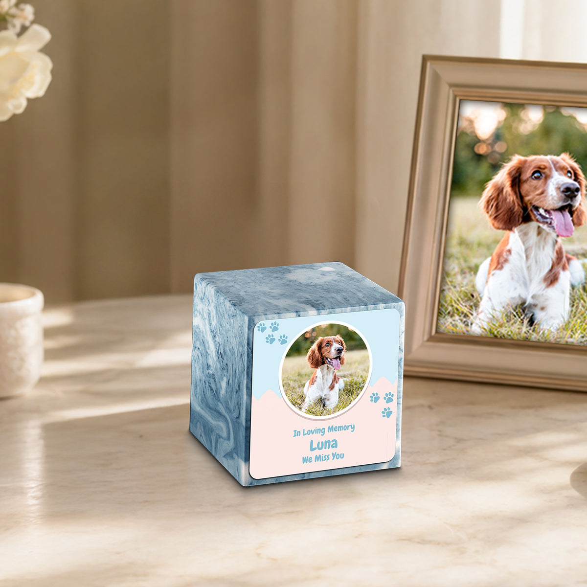 Small Cube Pet Portrait Berry Cultured Marble Pet Cremation Urn by MacKenzie