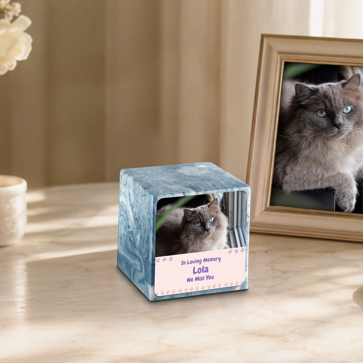 Small Cube Pet Photo Memorial Sky Blue Cultured Marble Pet Cremation Urn by MacKenzie