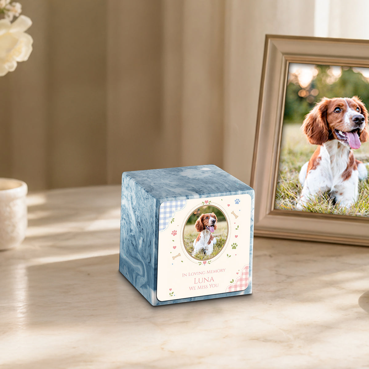 Small Cube Custom Pet Memorial Sky Blue Cultured Marble Pet Cremation Urn by MacKenzie