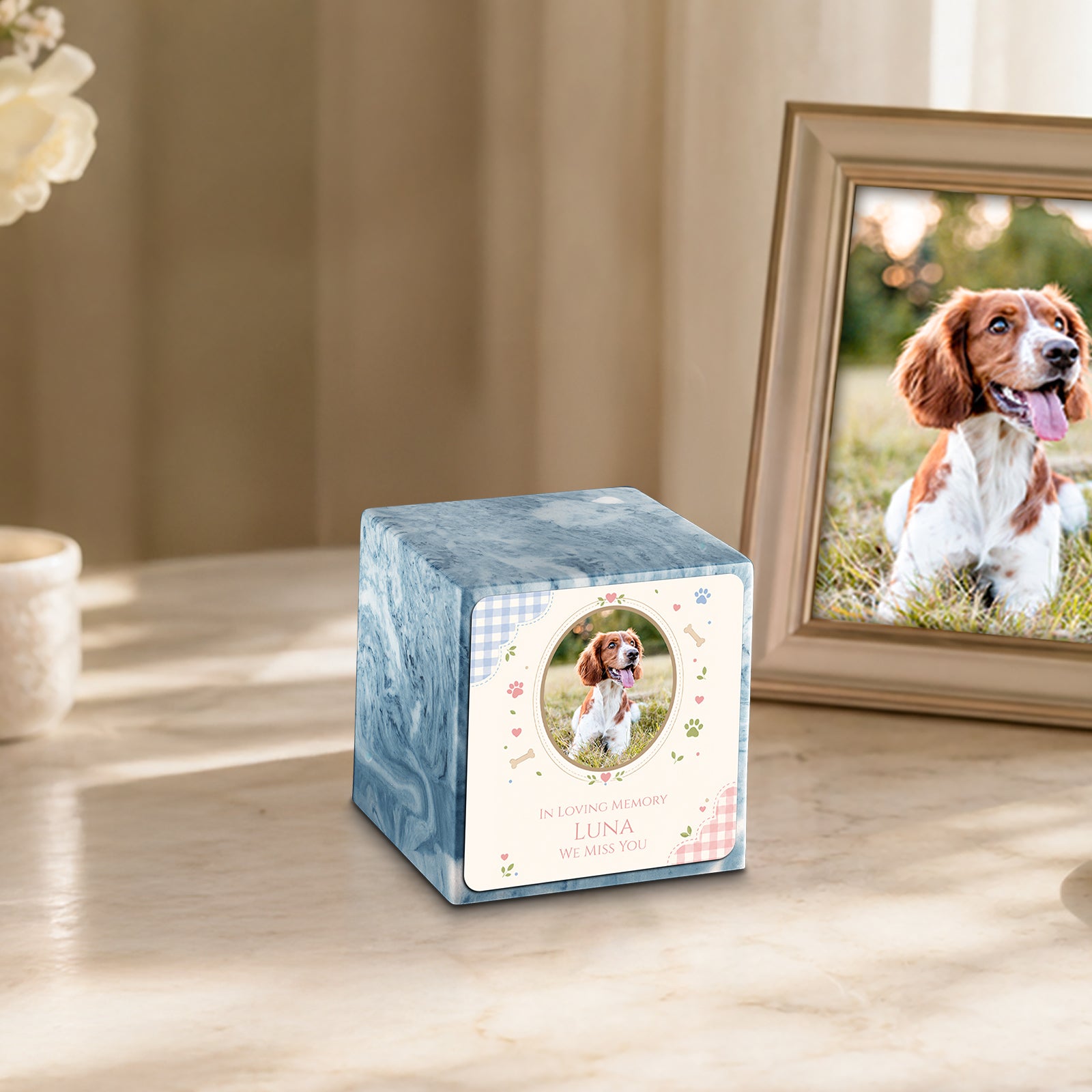 Small Cube Custom Pet Memorial Sky Blue Cultured Marble Pet Cremation Urn by MacKenzie