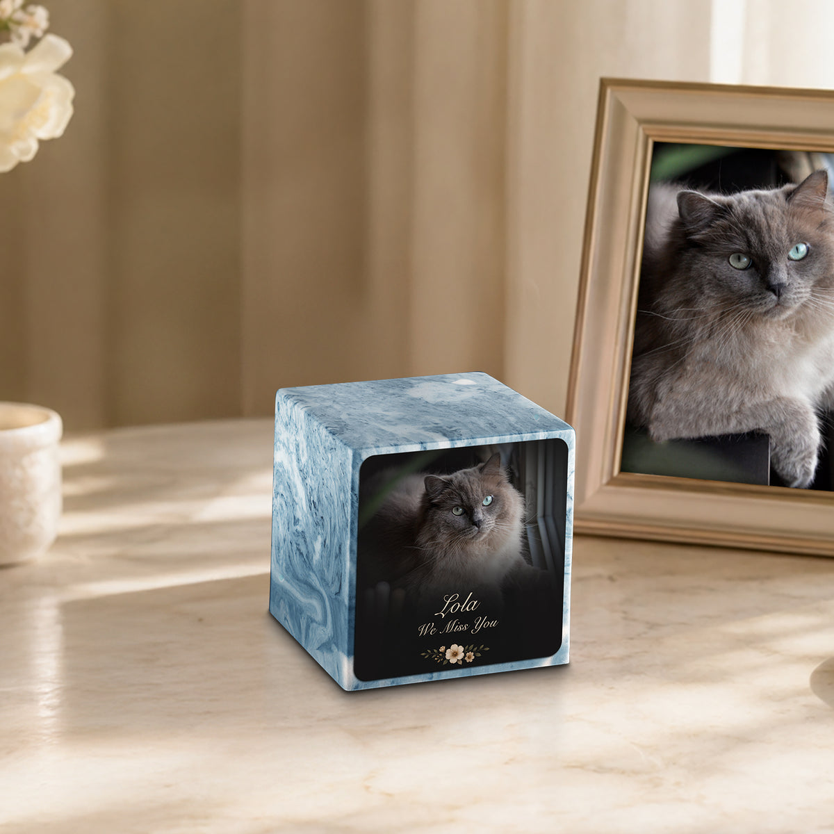 Small Cube Pet Portrait Photo Sky Blue Cultured Marble Pet Cremation Urn by MacKenzie