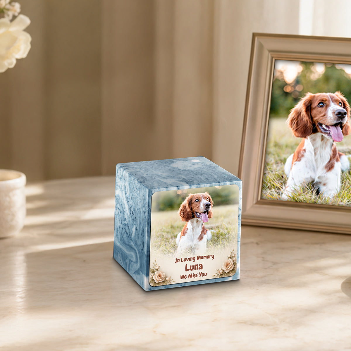Small Cube Personalized Pet Photo Sky Blue Cultured Marble Pet Cremation Urn by MacKenzie