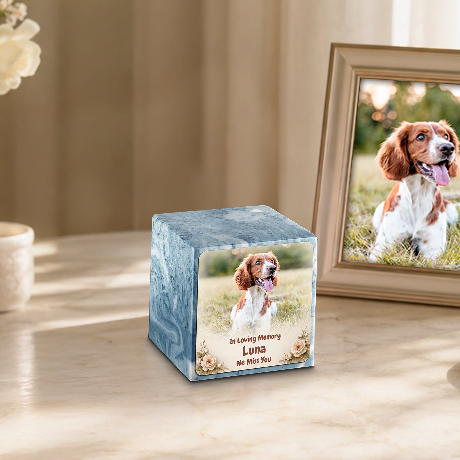 Small Cube Personalized Pet Photo Sky Blue Cultured Marble Pet Cremation Urn by MacKenzie