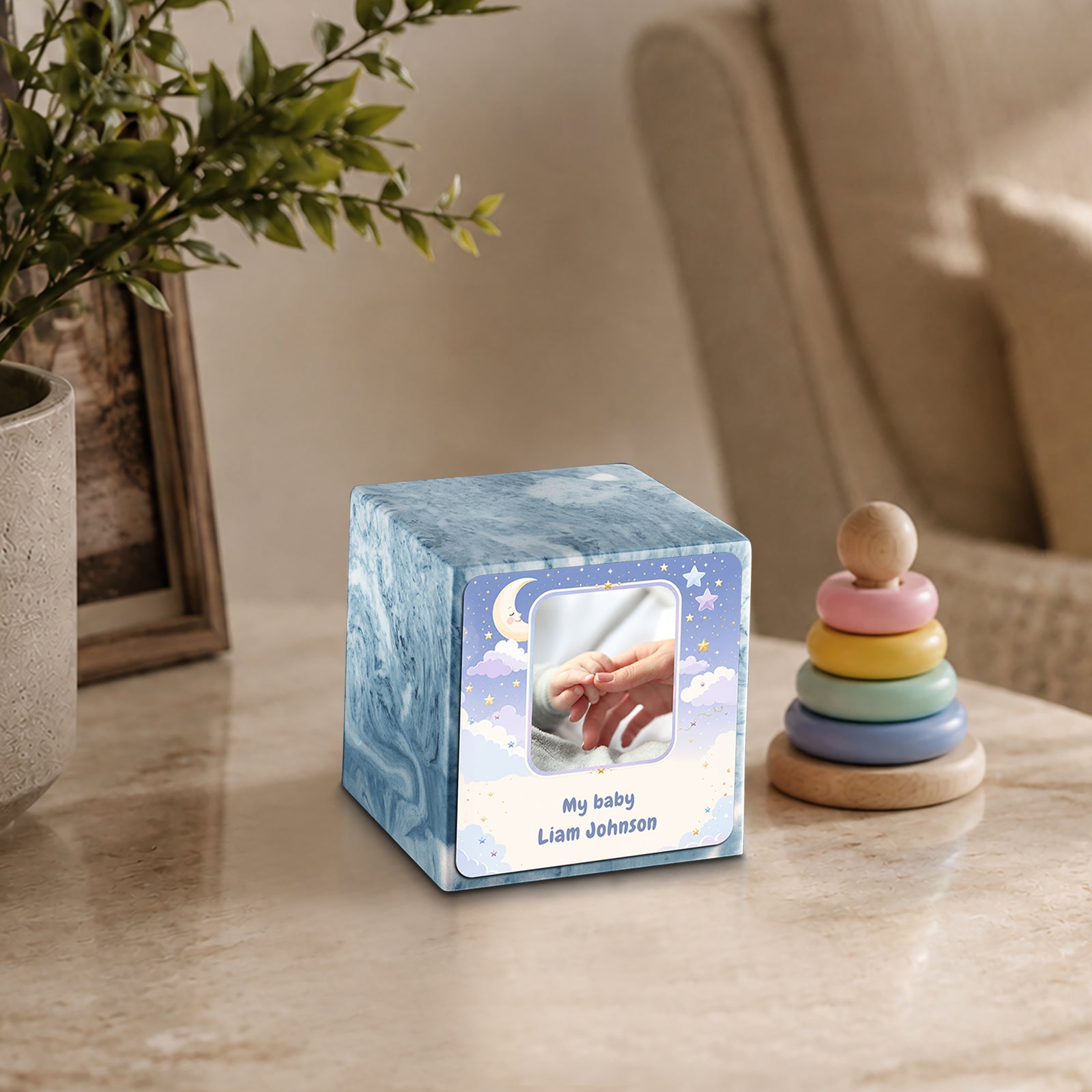 Small Cube Moon and Stars Sky Blue Cultured Marble Child Cremation Urn by MacKenzie