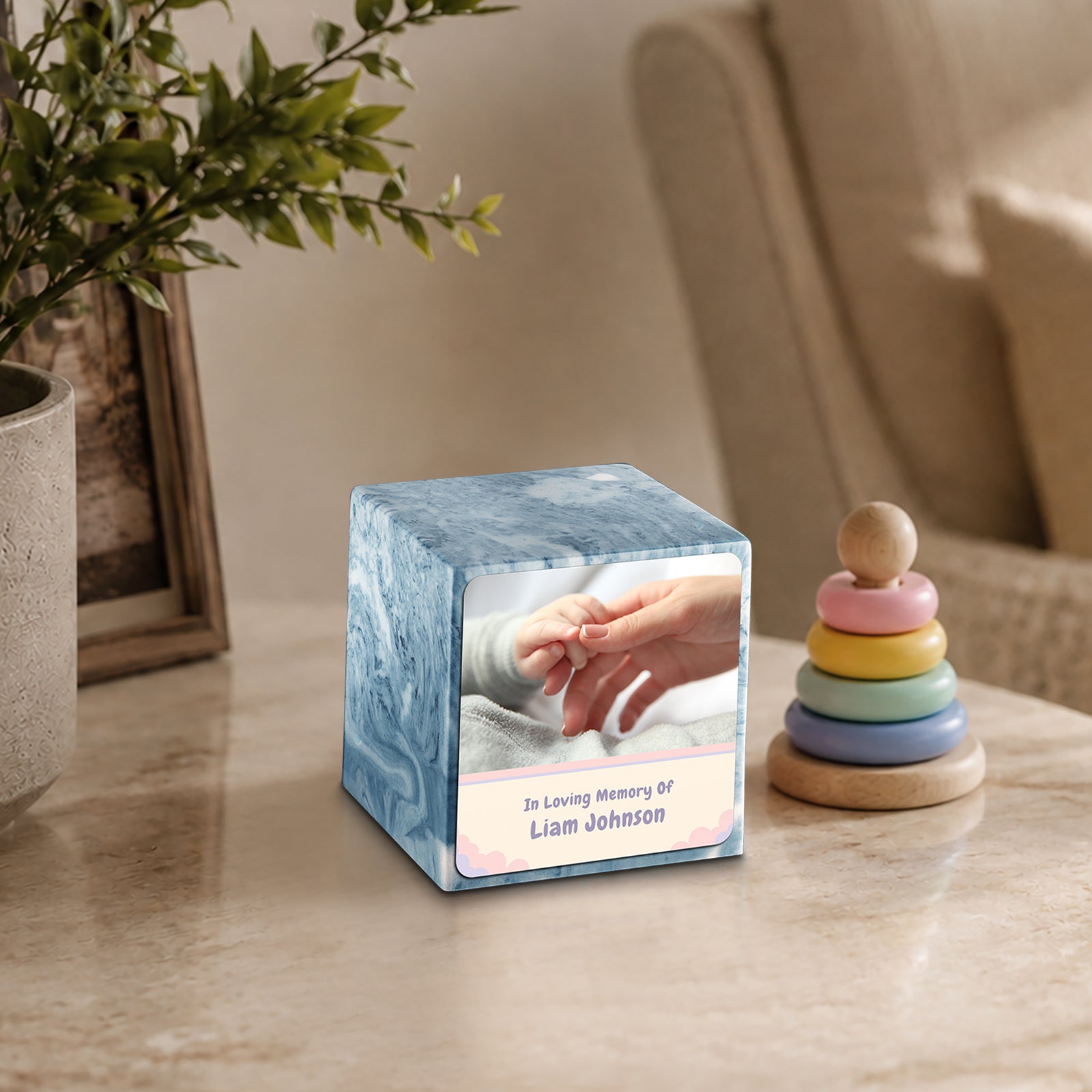 Small Cube Classic Photo Sky Blue Cultured Marble Child Cremation Urn by MacKenzie