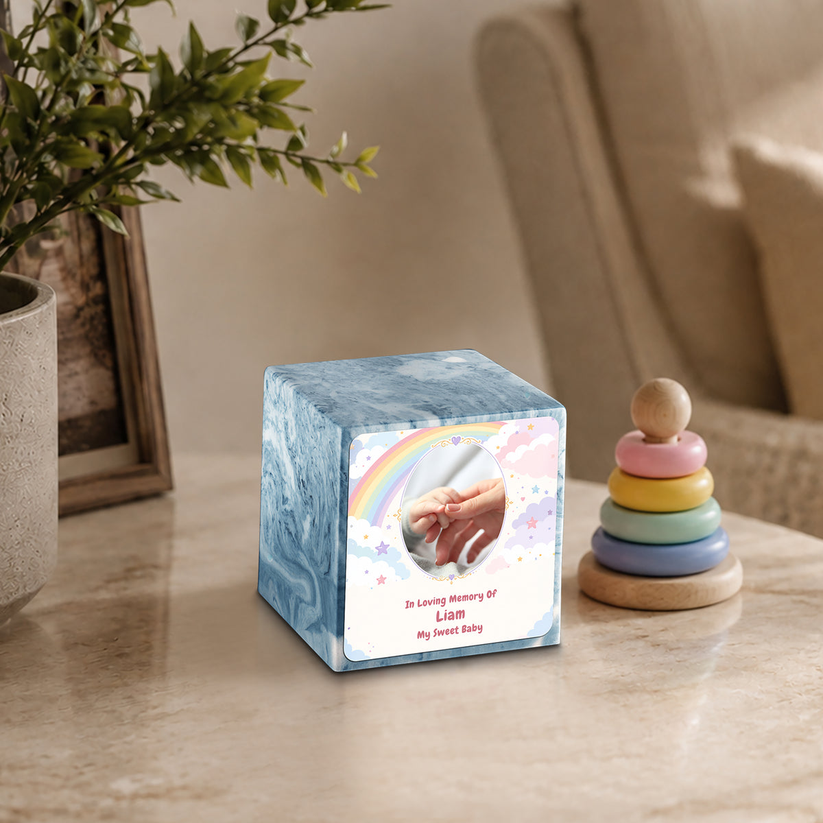 Small Cube Rainbow and Clouds Sky Blue Cultured Marble Child Cremation Urn by MacKenzie