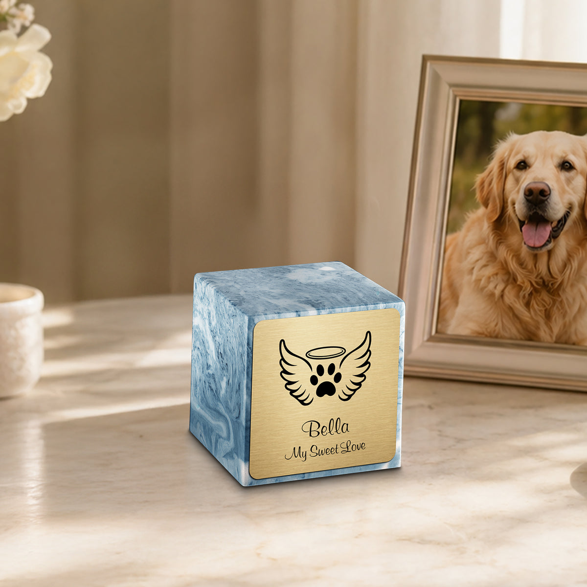 Small Cube Angel Wings Sky Blue Cultured Marble Pet Cremation Urn by MacKenzie