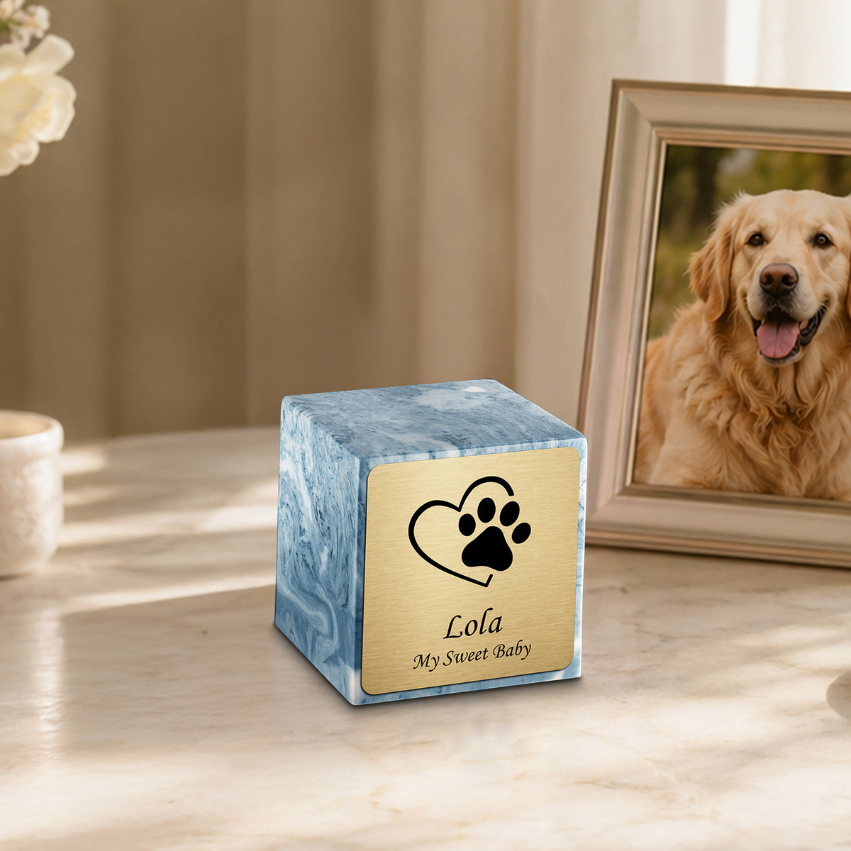 Small Cube Single Heart Paw Sky Blue Cultured Marble Pet Cremation Urn by MacKenzie