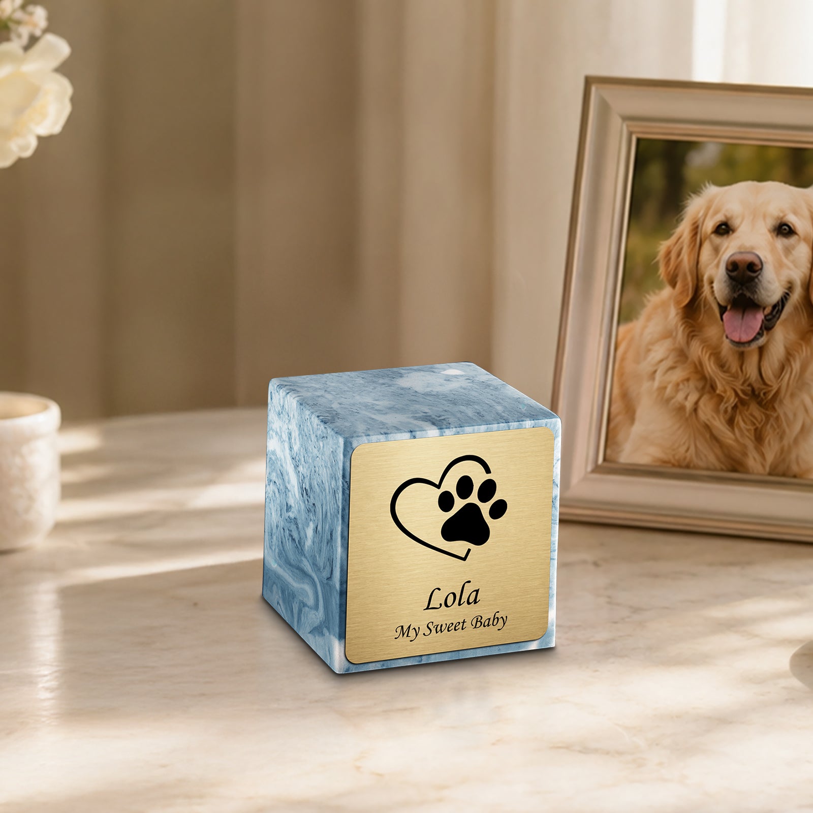 Small Cube Single Heart Paw Sky Blue Cultured Marble Pet Cremation Urn by MacKenzie