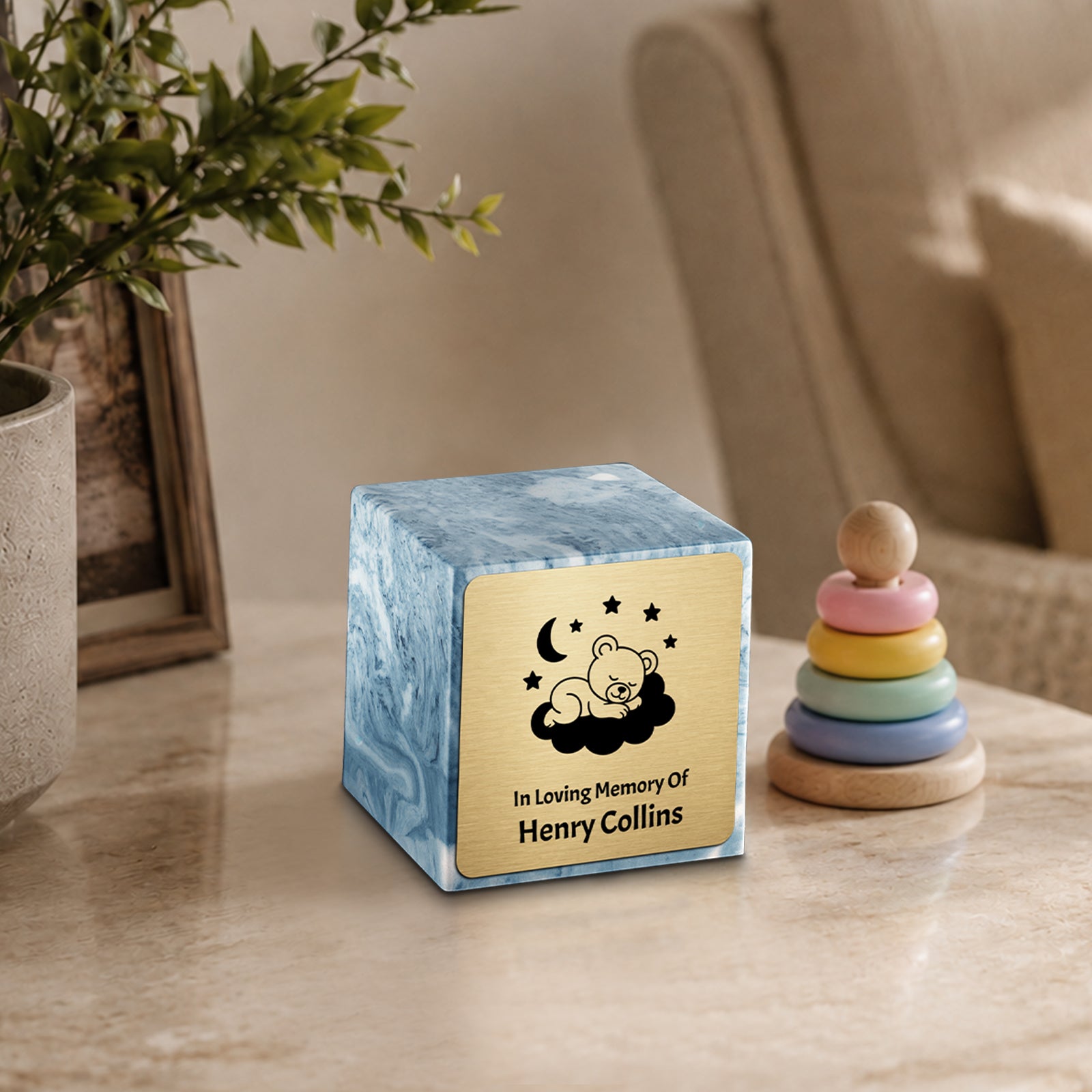 Small Cube Sleeping Teddy Sky Blue Cultured Marble Child Cremation Urn by MacKenzie