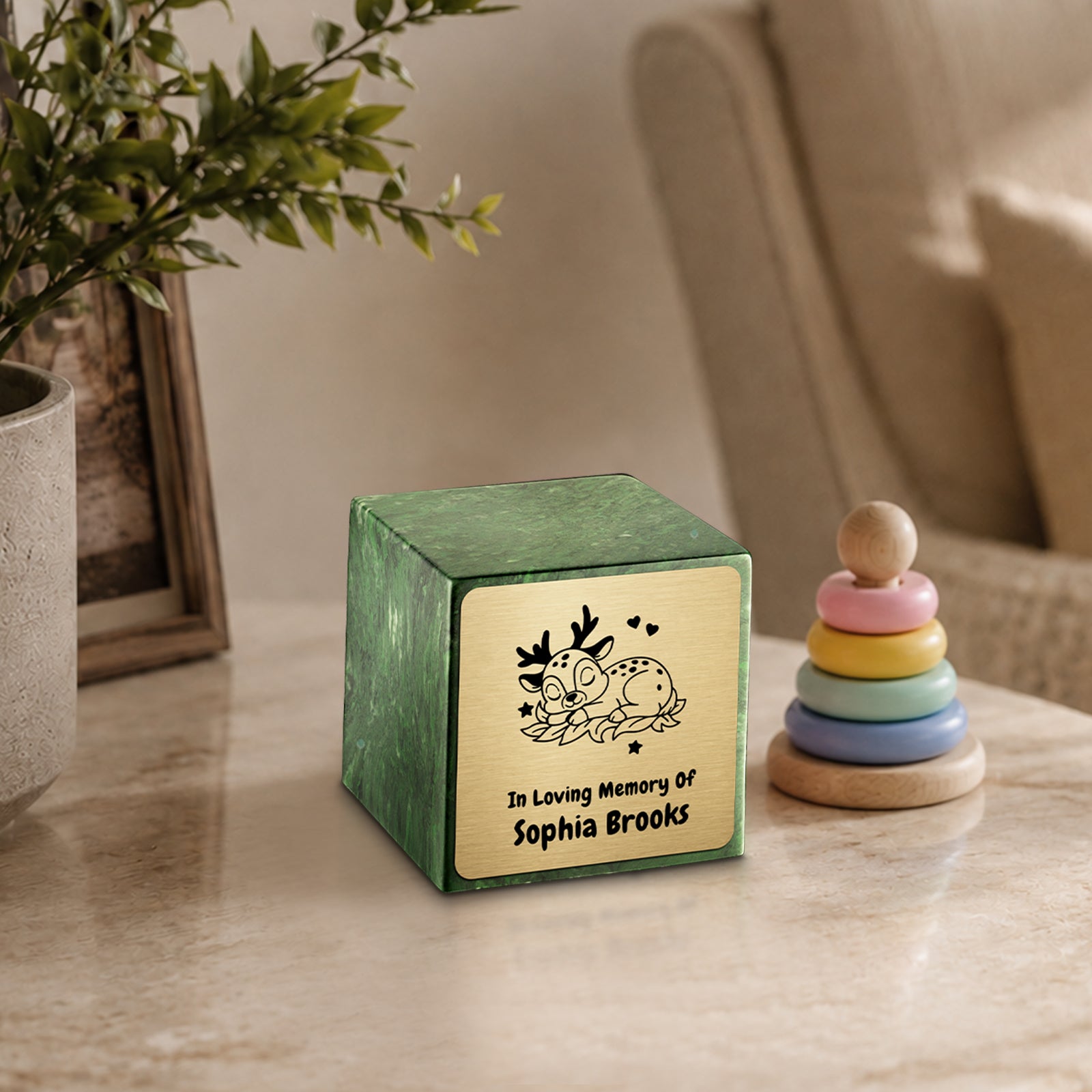 Small Cube Baby Deer Verde Cultured Marble Child Cremation Urn by MacKenzie