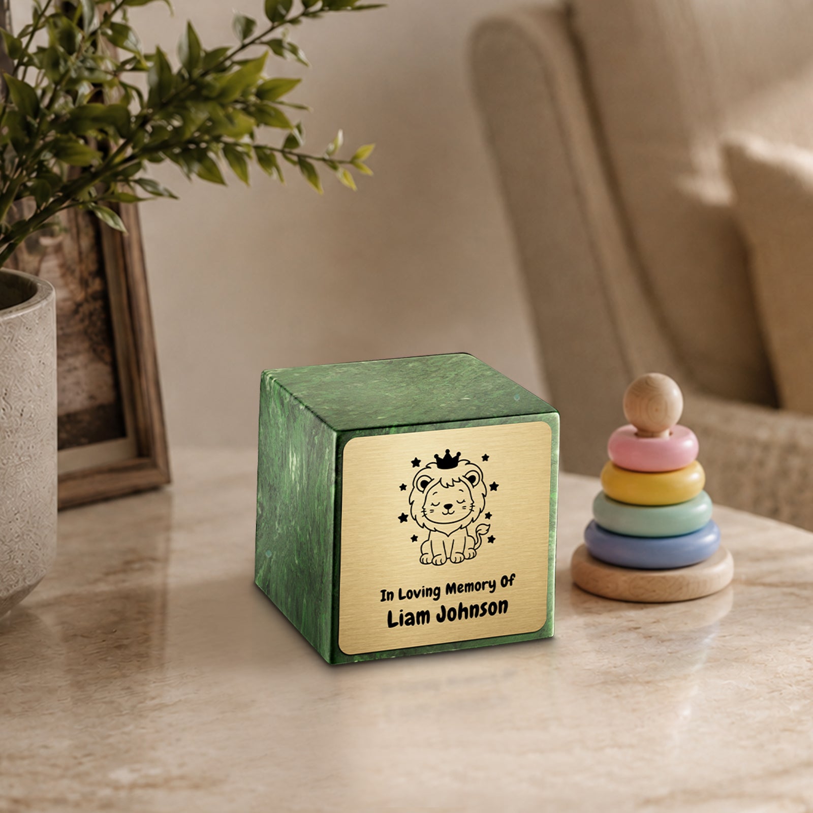 Small Cube Baby Lion Verde Cultured Marble Child Cremation Urn by MacKenzie