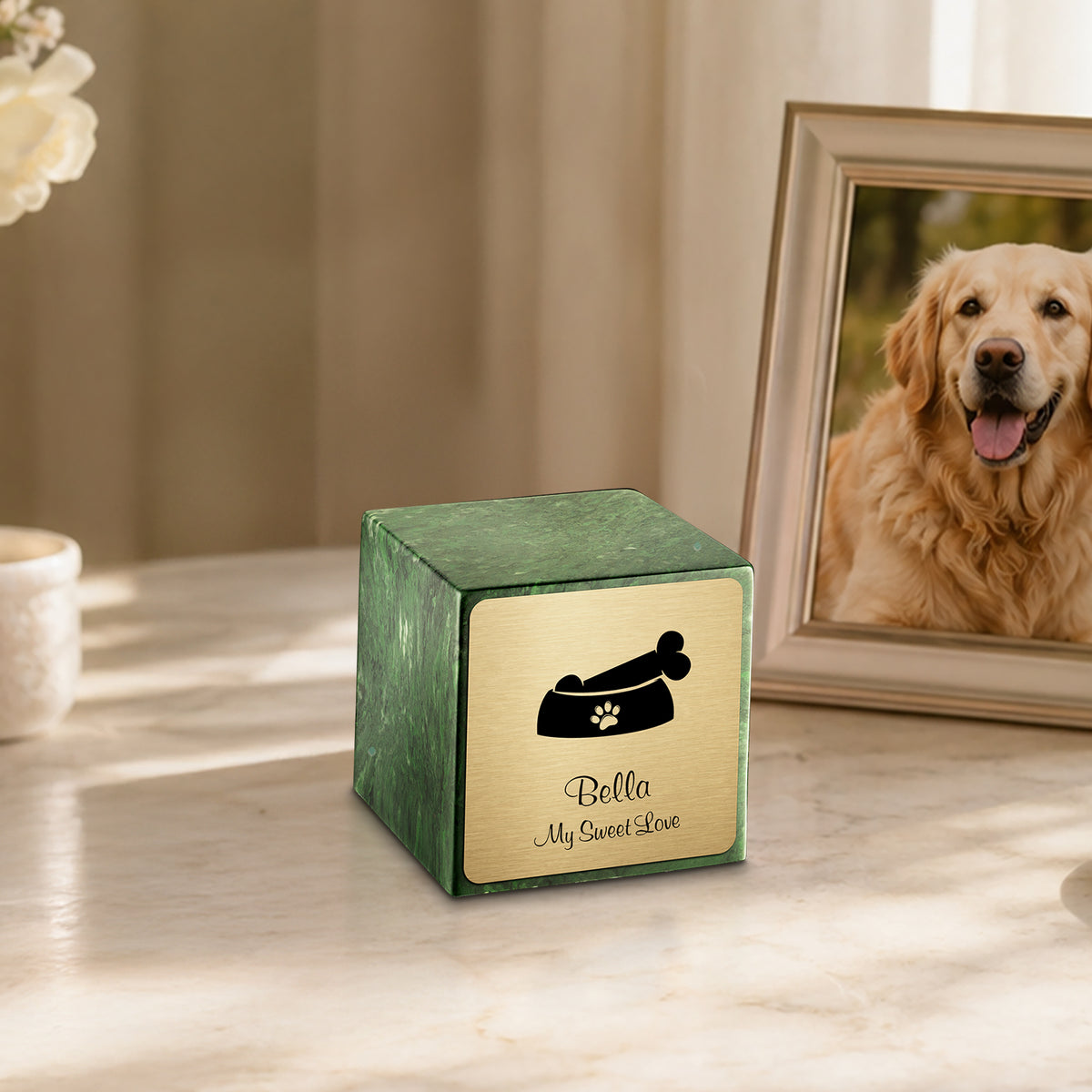 Small Cube Dog Bone Verde Cultured Marble Pet Cremation Urn by MacKenzie