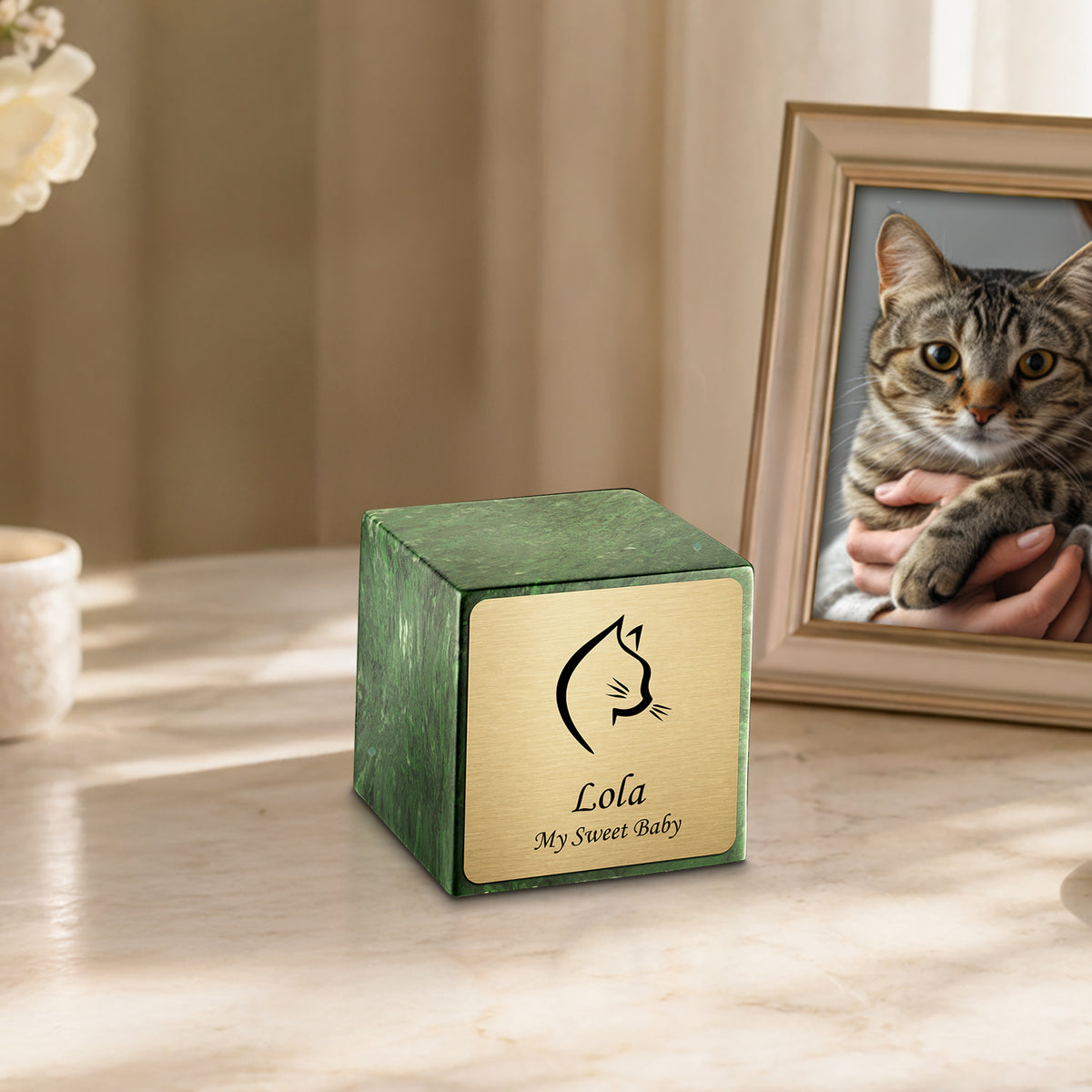 Small Cube Cat Head Verde Cultured Marble Pet Cremation Urn by MacKenzie