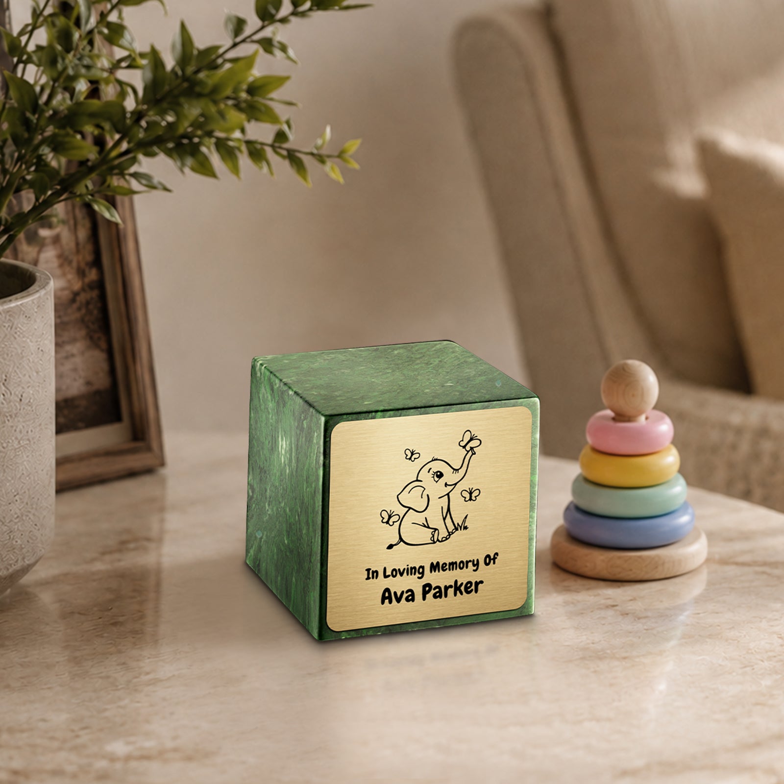 Small Cube Baby Elephant Verde Cultured Marble Child Cremation Urn by MacKenzie