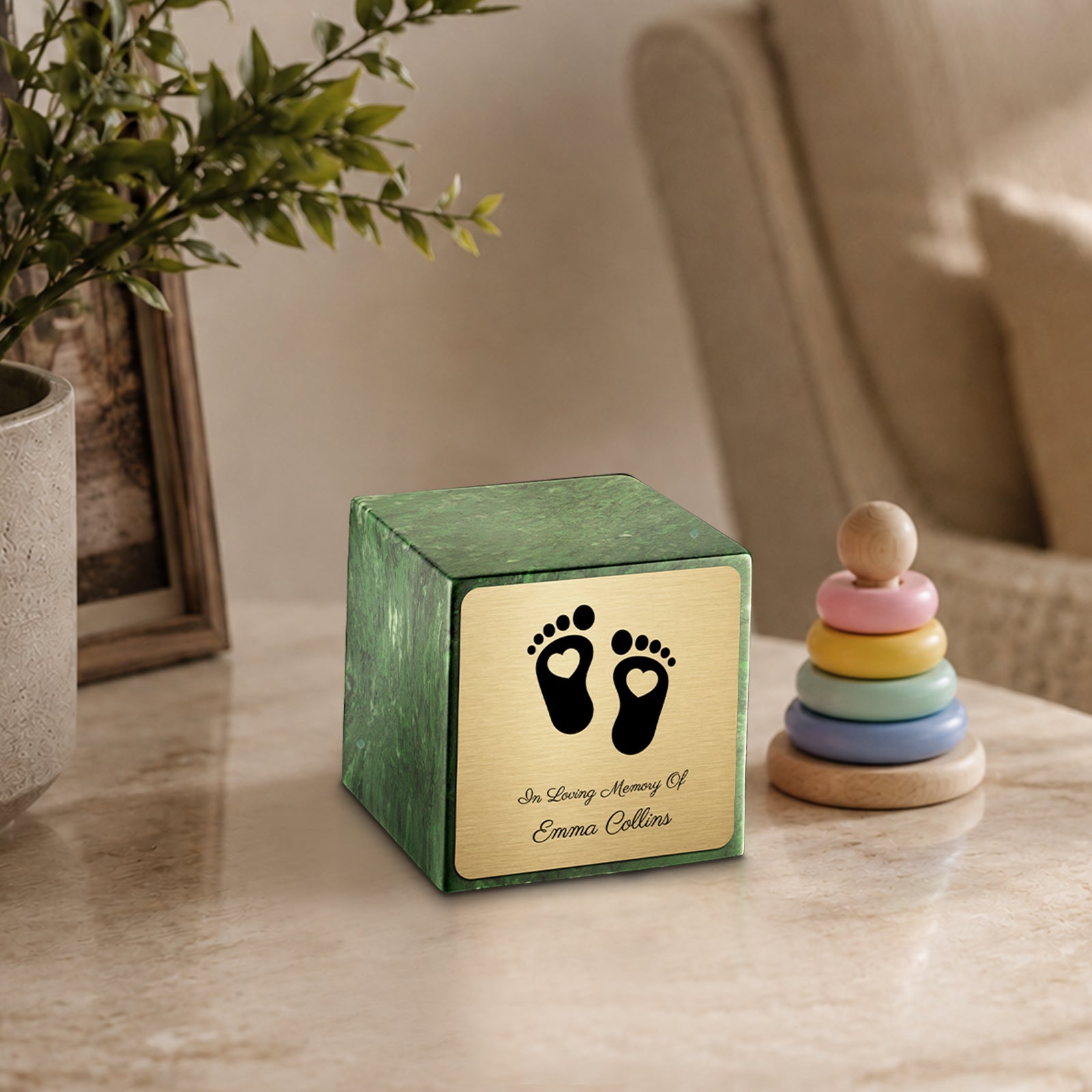 Small Cube Loving Heart Feet Verde Cultured Marble Child Cremation Urn by MacKenzie