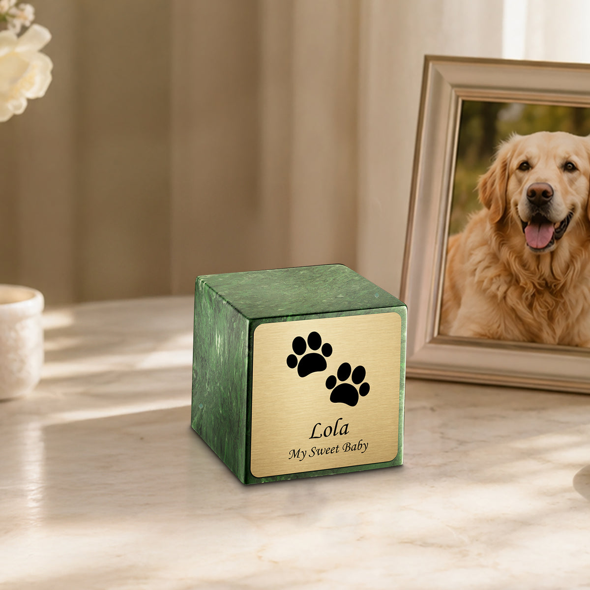 Small Cube Walking Paws Verde Cultured Marble Pet Cremation Urn by MacKenzie