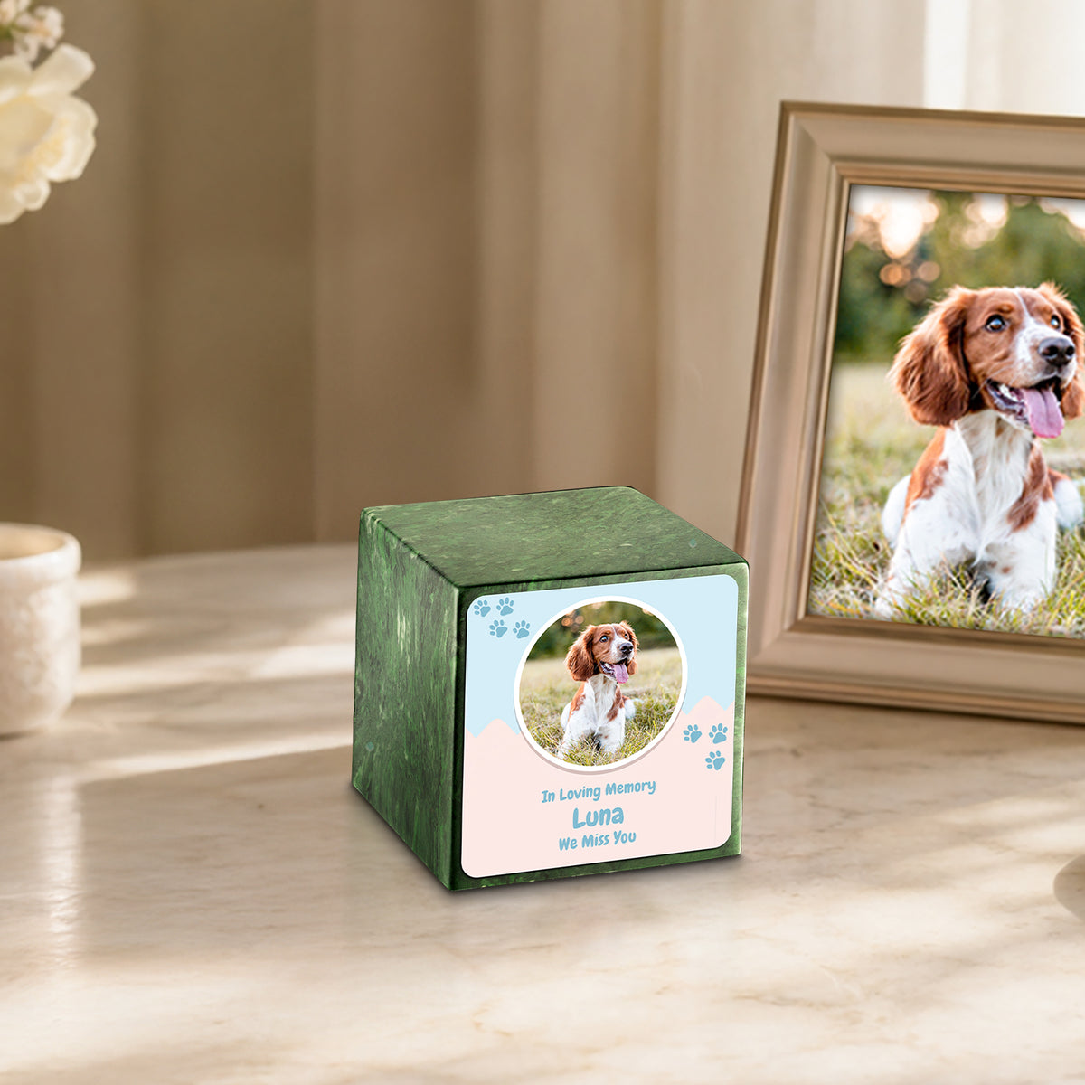 Small Cube Pet Portrait Verde Cultured Marble Pet Cremation Urn by MacKenzie