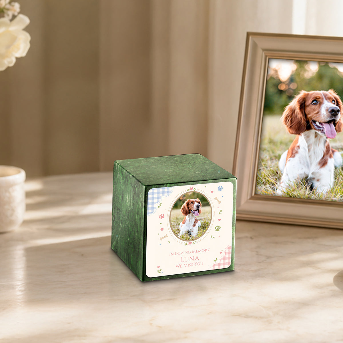 Small Cube Custom Pet Memorial Verde Cultured Marble Pet Cremation Urn by MacKenzie