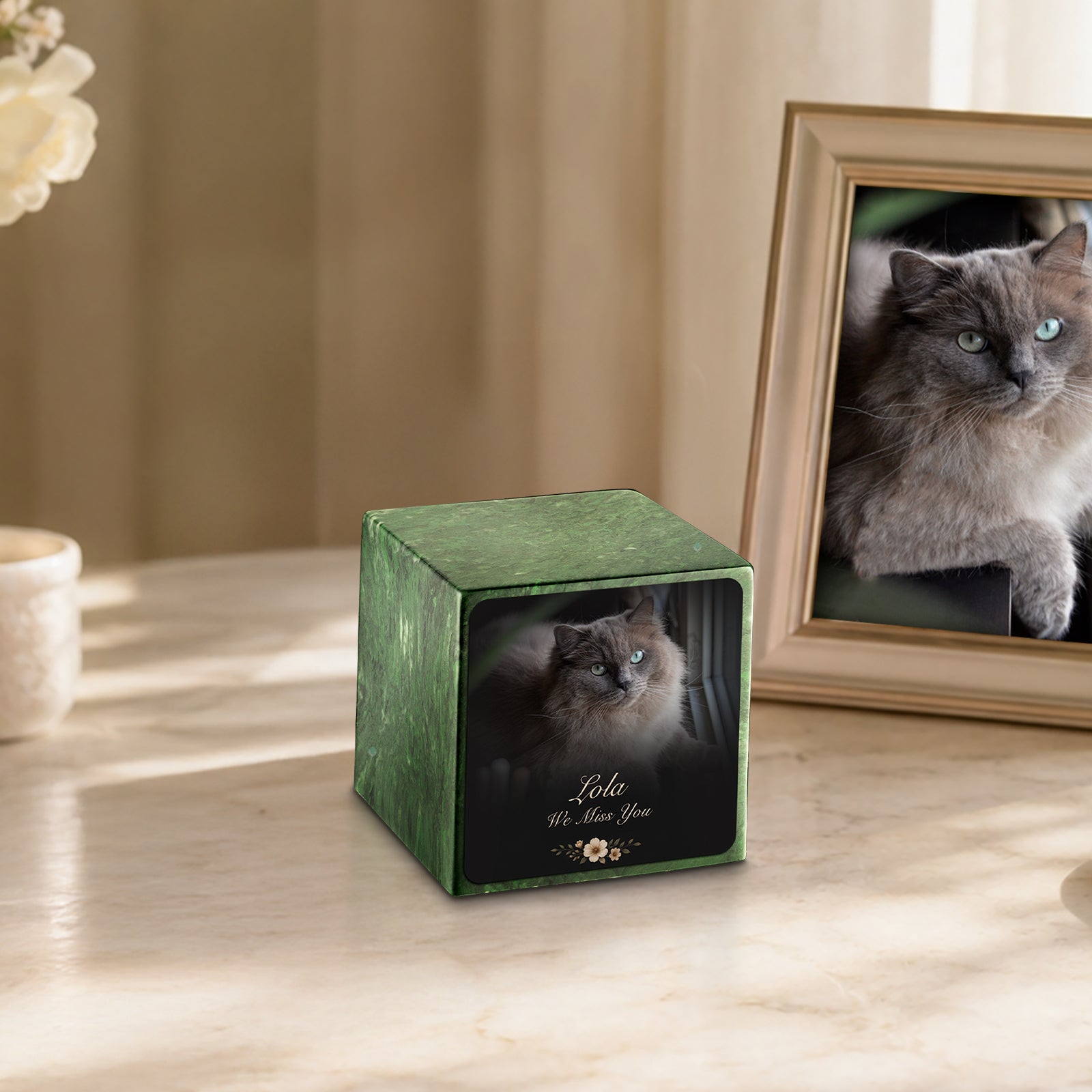 Small Cube Pet Portrait Photo Verde Cultured Marble Pet Cremation Urn by MacKenzie