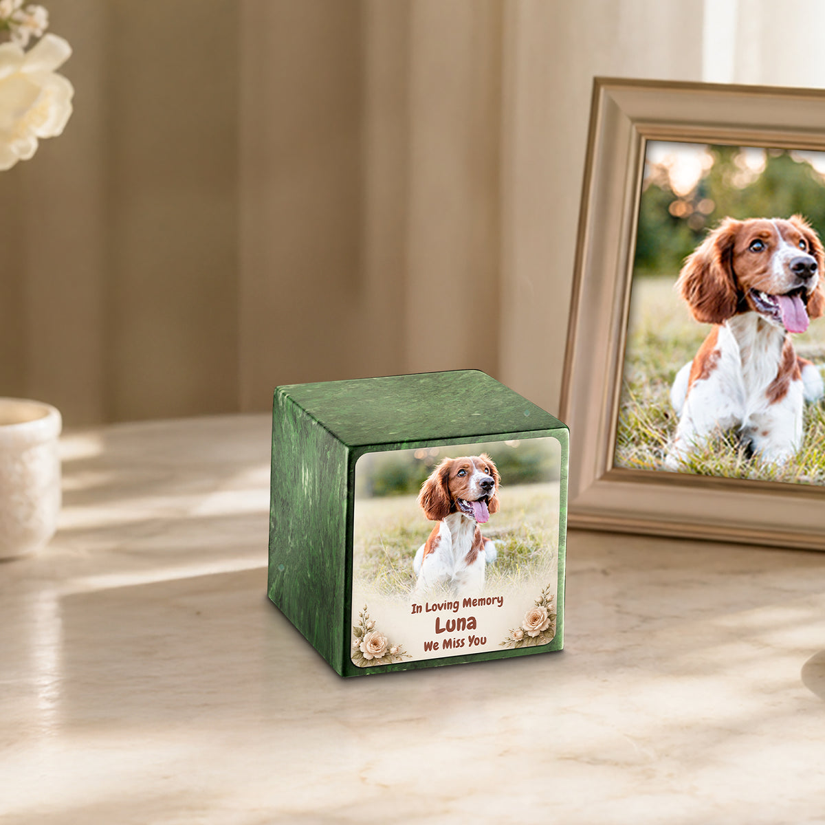 Small Cube Personalized Pet Photo Verde Cultured Marble Pet Cremation Urn by MacKenzie