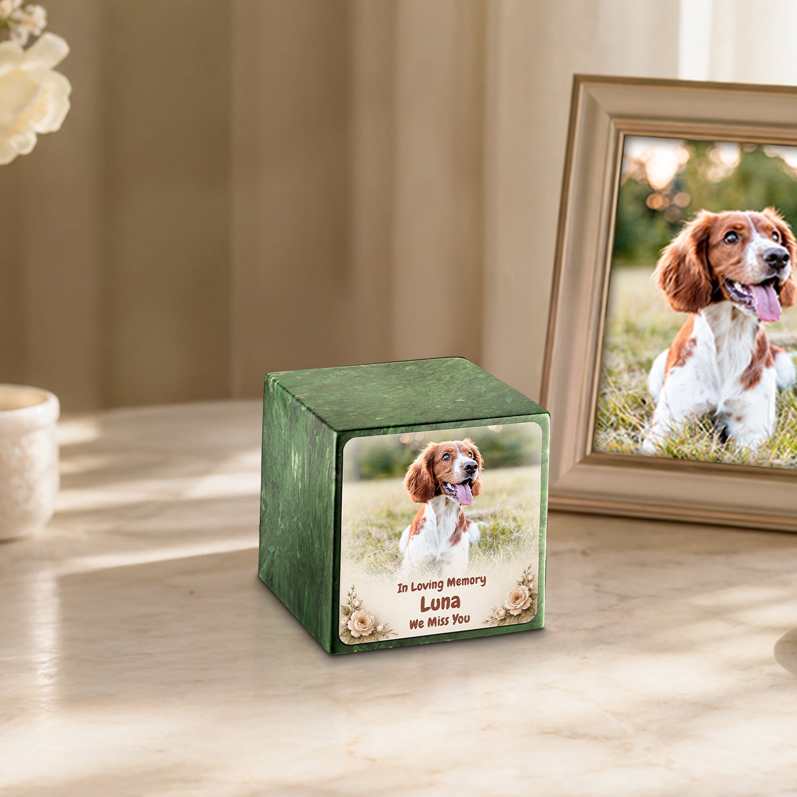 Small Cube Personalized Pet Photo Verde Cultured Marble Pet Cremation Urn by MacKenzie