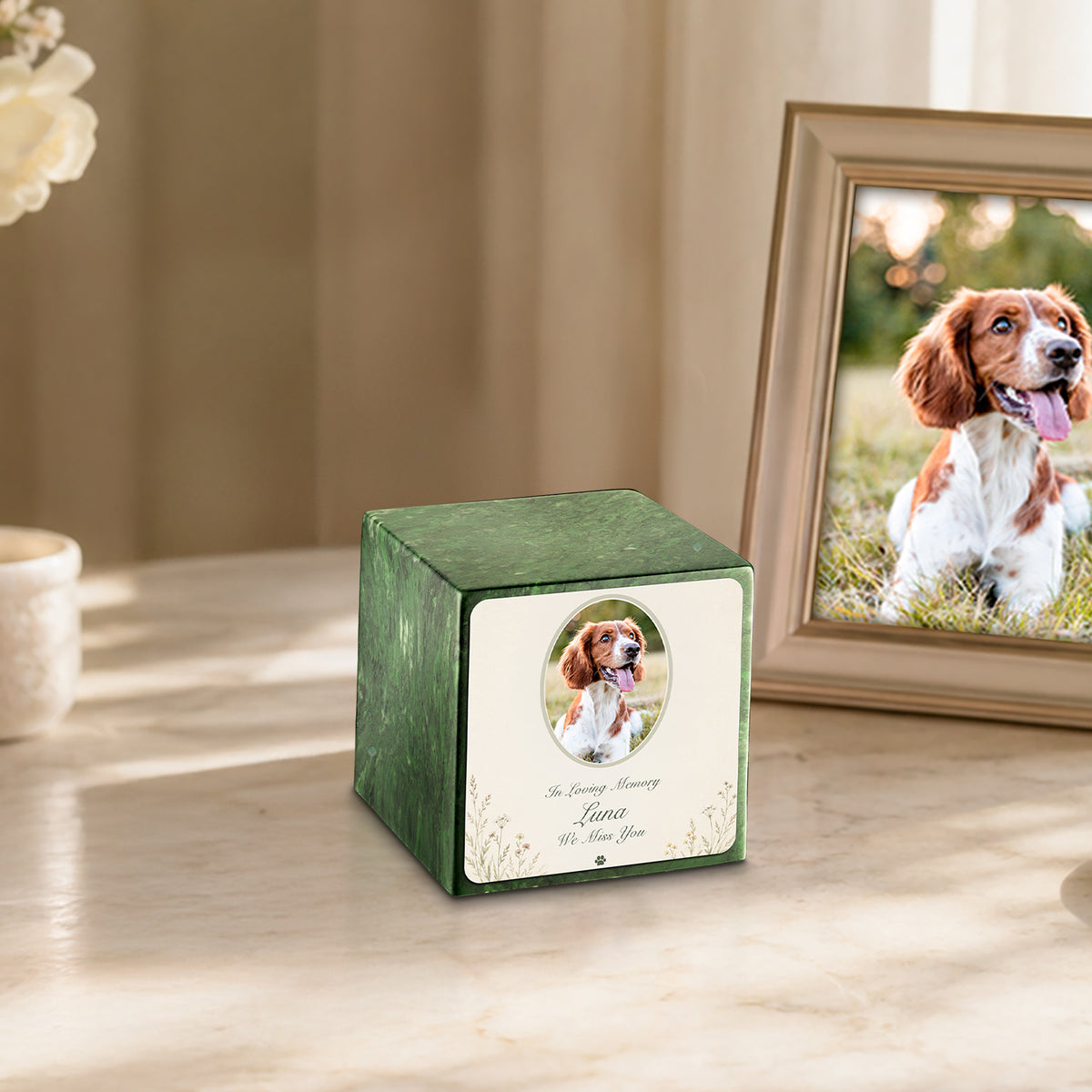 Small Cube Pet Portrait Tribute Verde Cultured Marble Pet Cremation Urn by MacKenzie