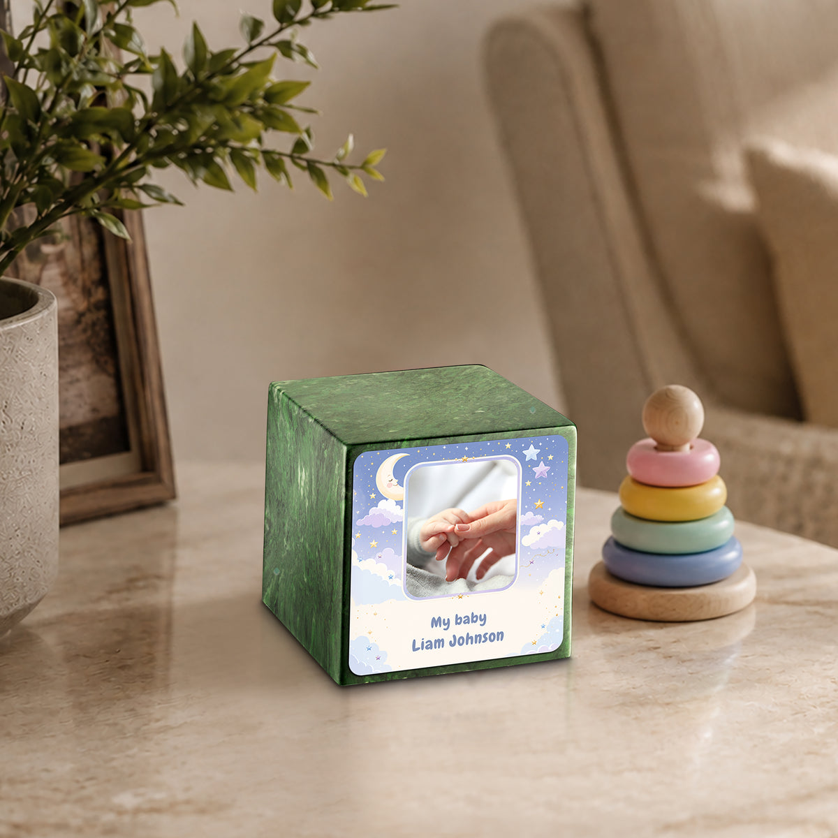 Small Cube Moon and Stars Verde Cultured Marble Child Cremation Urn by MacKenzie