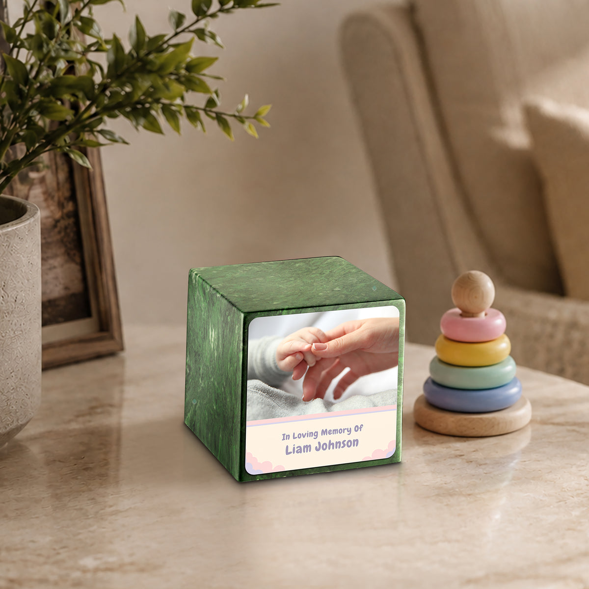 Small Cube Classic Photo Verde Cultured Marble Child Cremation Urn by MacKenzie
