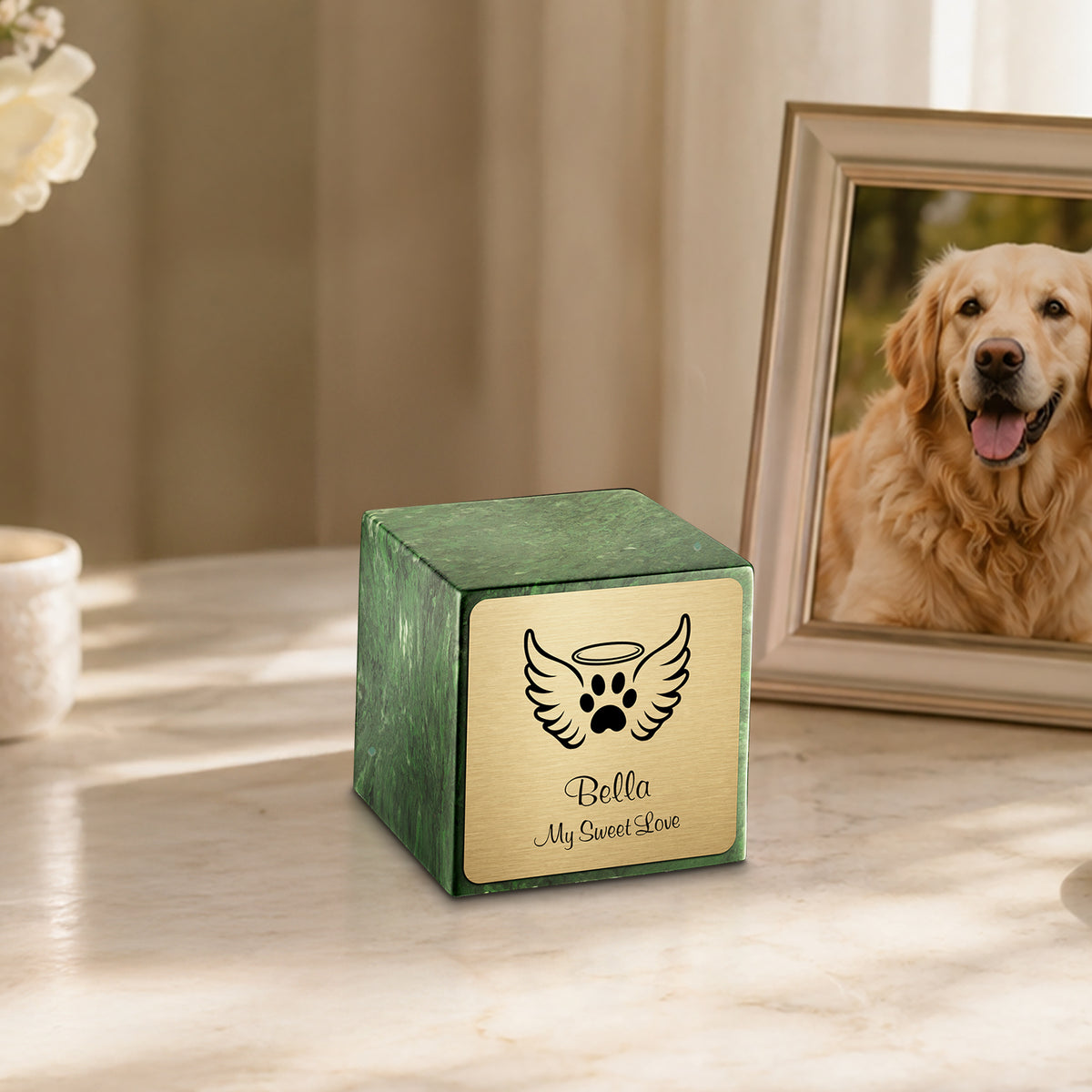 Small Cube Angel Wings Verde Cultured Marble Pet Cremation Urn by MacKenzie