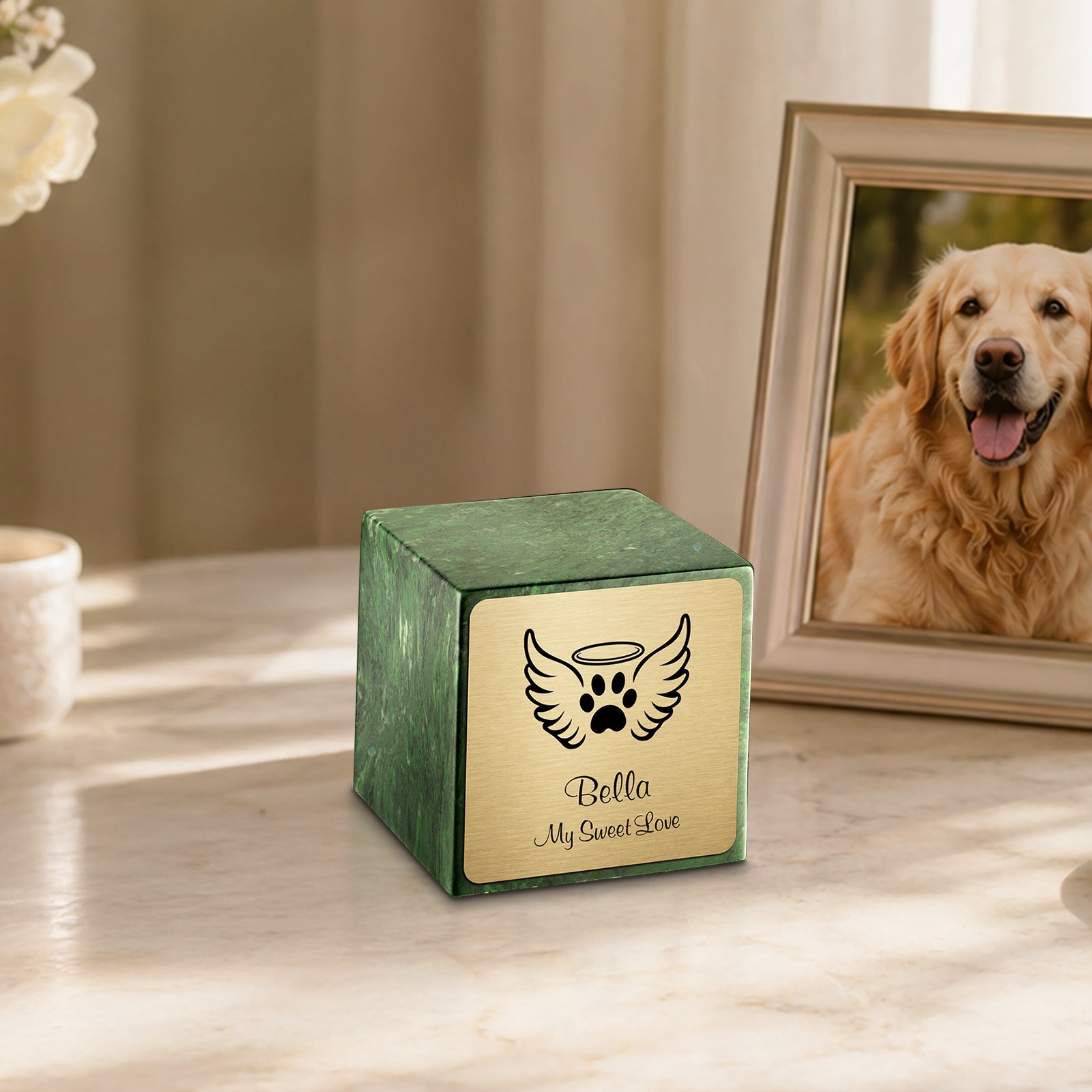 Small Cube Angel Wings Verde Cultured Marble Pet Cremation Urn by MacKenzie