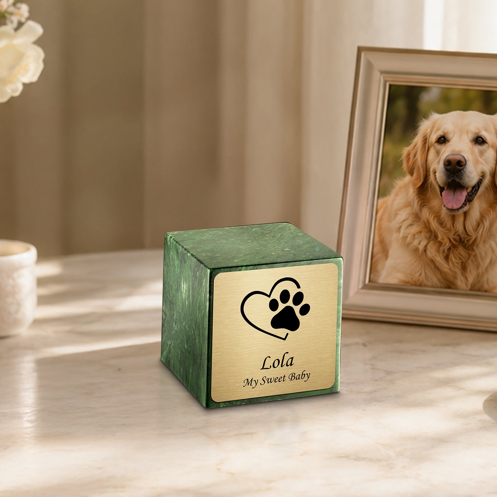 Small Cube Single Heart Paw Verde Cultured Marble Pet Cremation Urn by MacKenzie