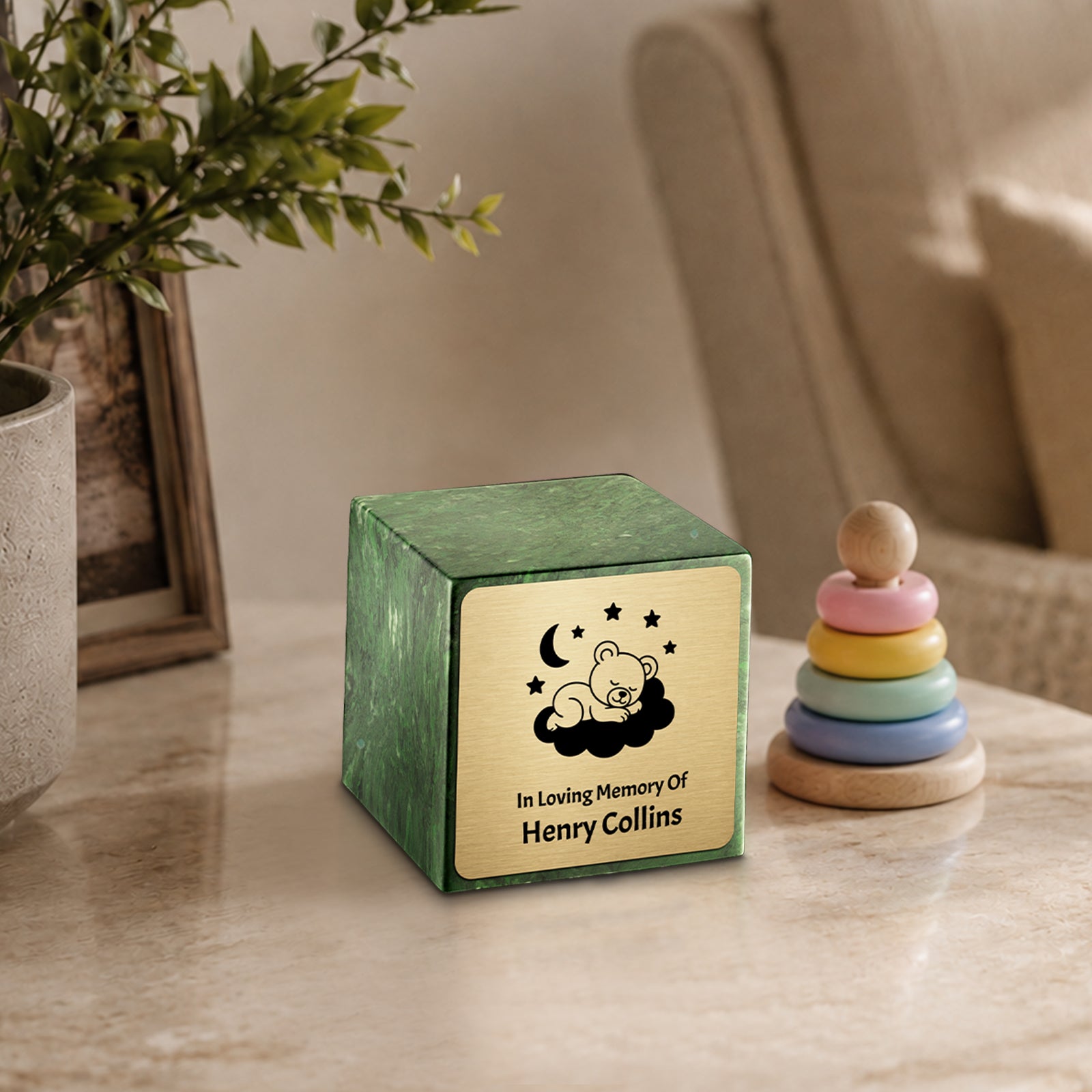 Small Cube Sleeping Teddy Verde Cultured Marble Child Cremation Urn by MacKenzie