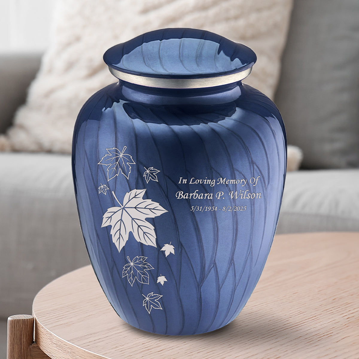 Adult Embrace Pearl Cobalt Blue Falling Leaves Cremation Urn
