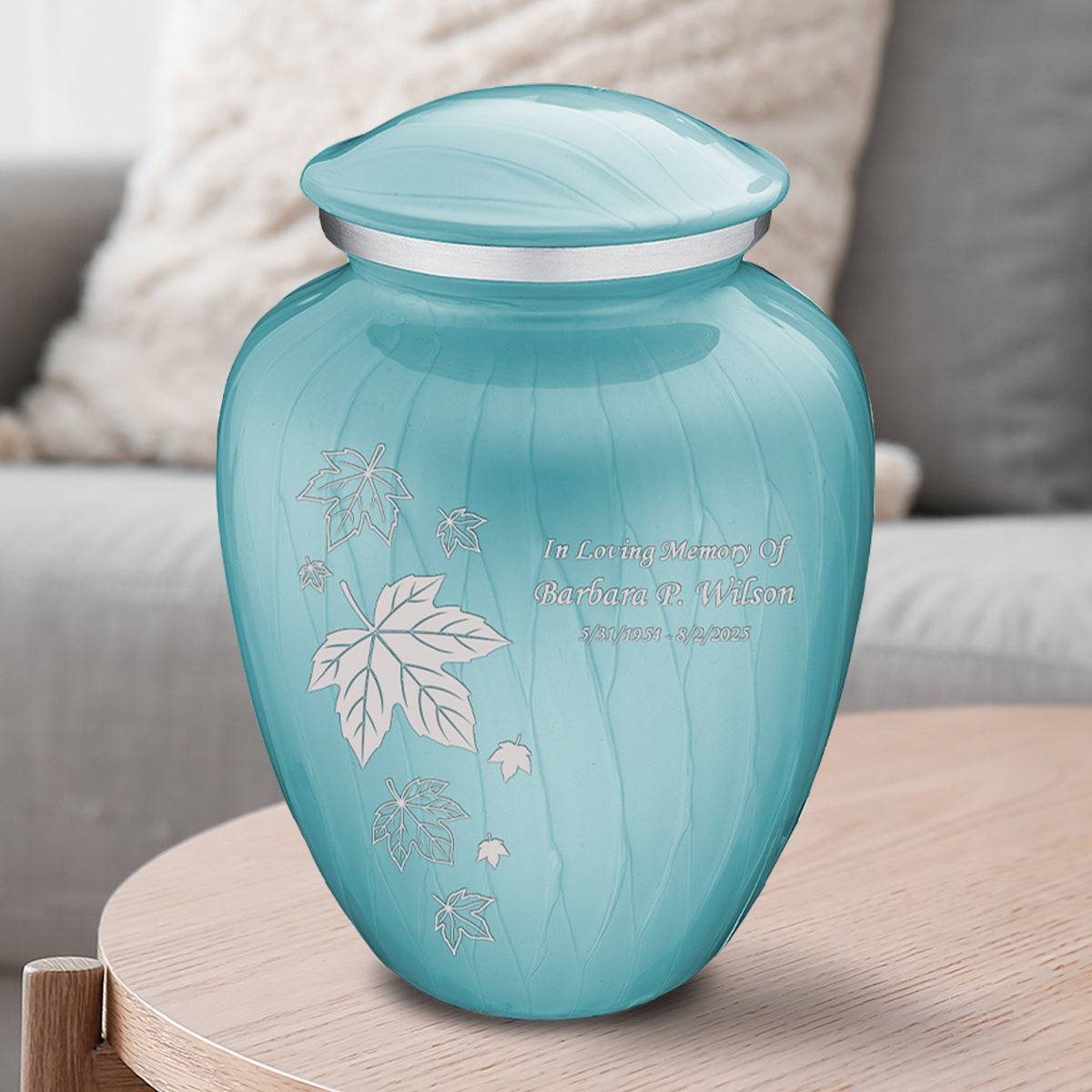 Adult Embrace Pearl Light Blue Falling Leaves Cremation Urn