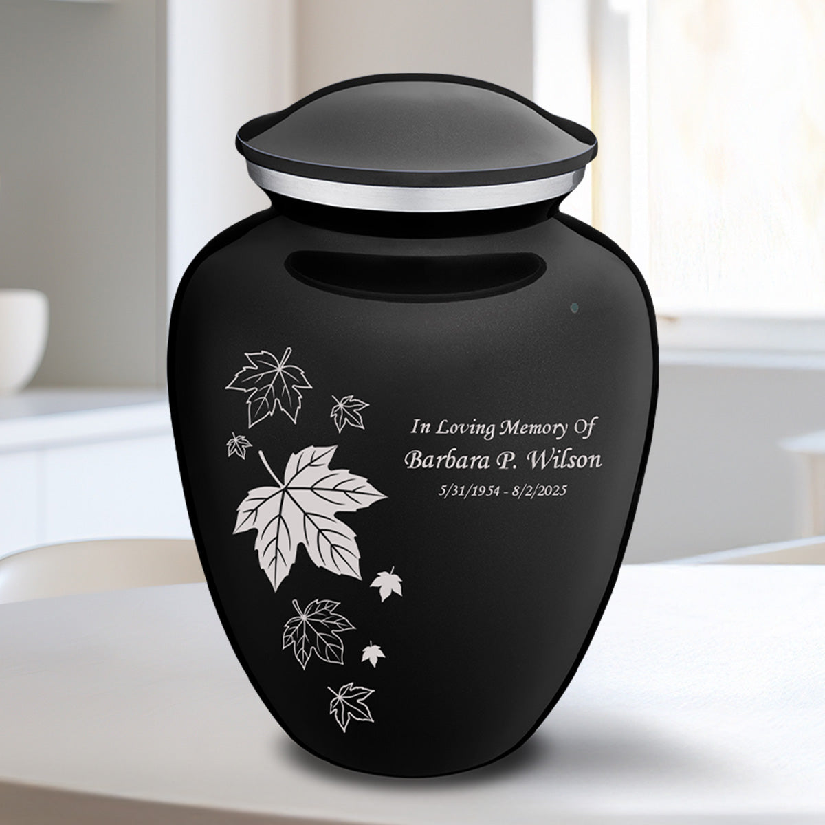 Medium Embrace Black Falling Leaves Cremation Urn