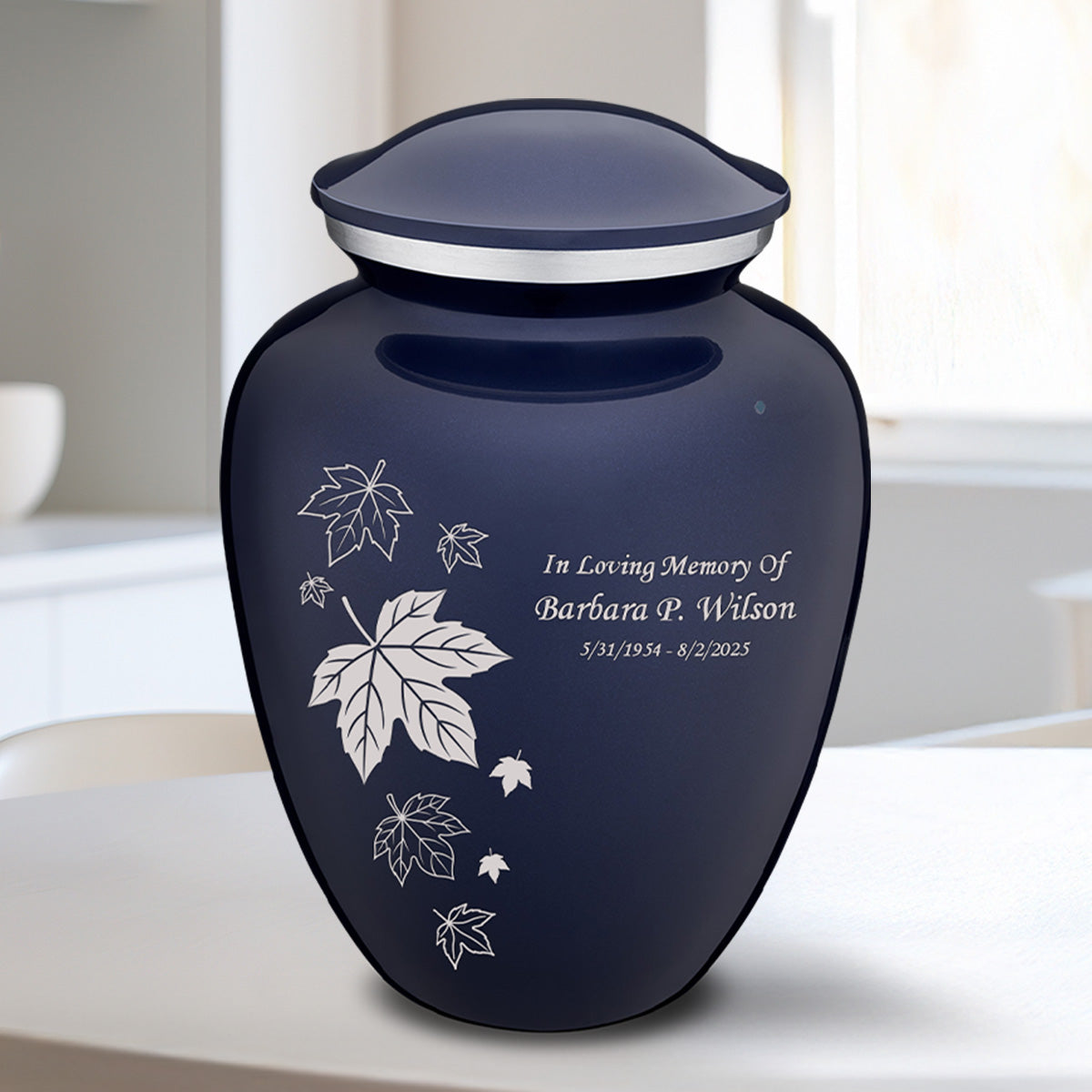 Medium Embrace Cobalt Blue Falling Leaves Cremation Urn