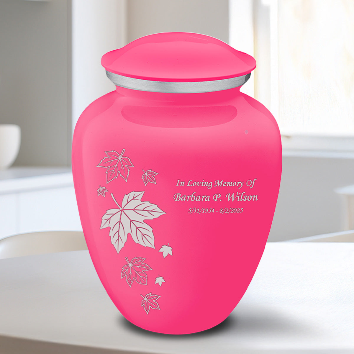 Medium Embrace Bright Pink Falling Leaves Cremation Urn