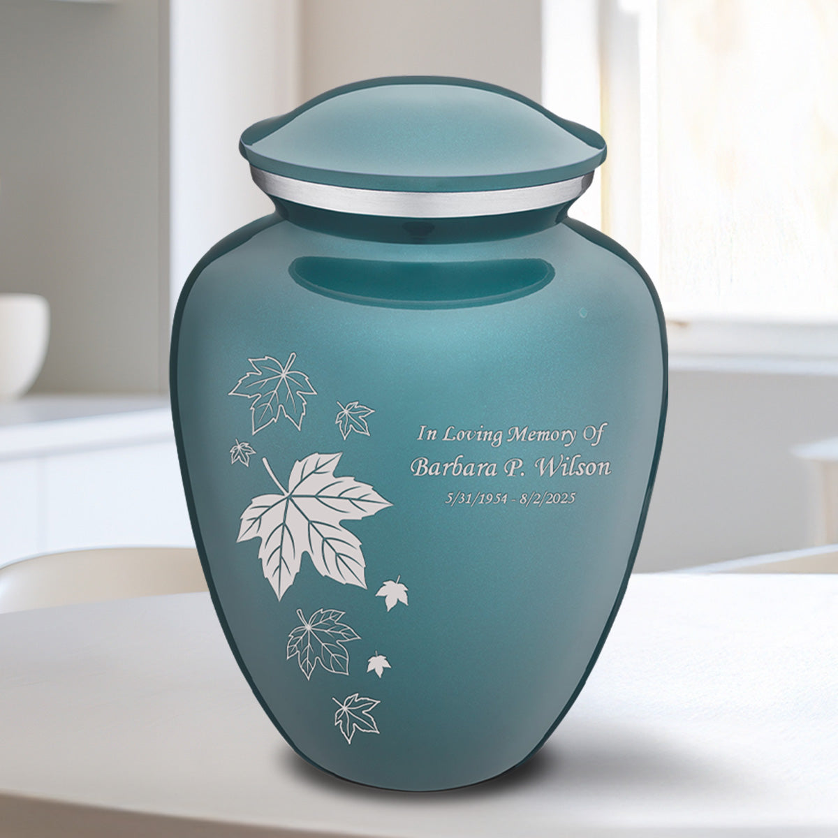 Medium Embrace Teal Falling Leaves Cremation Urn