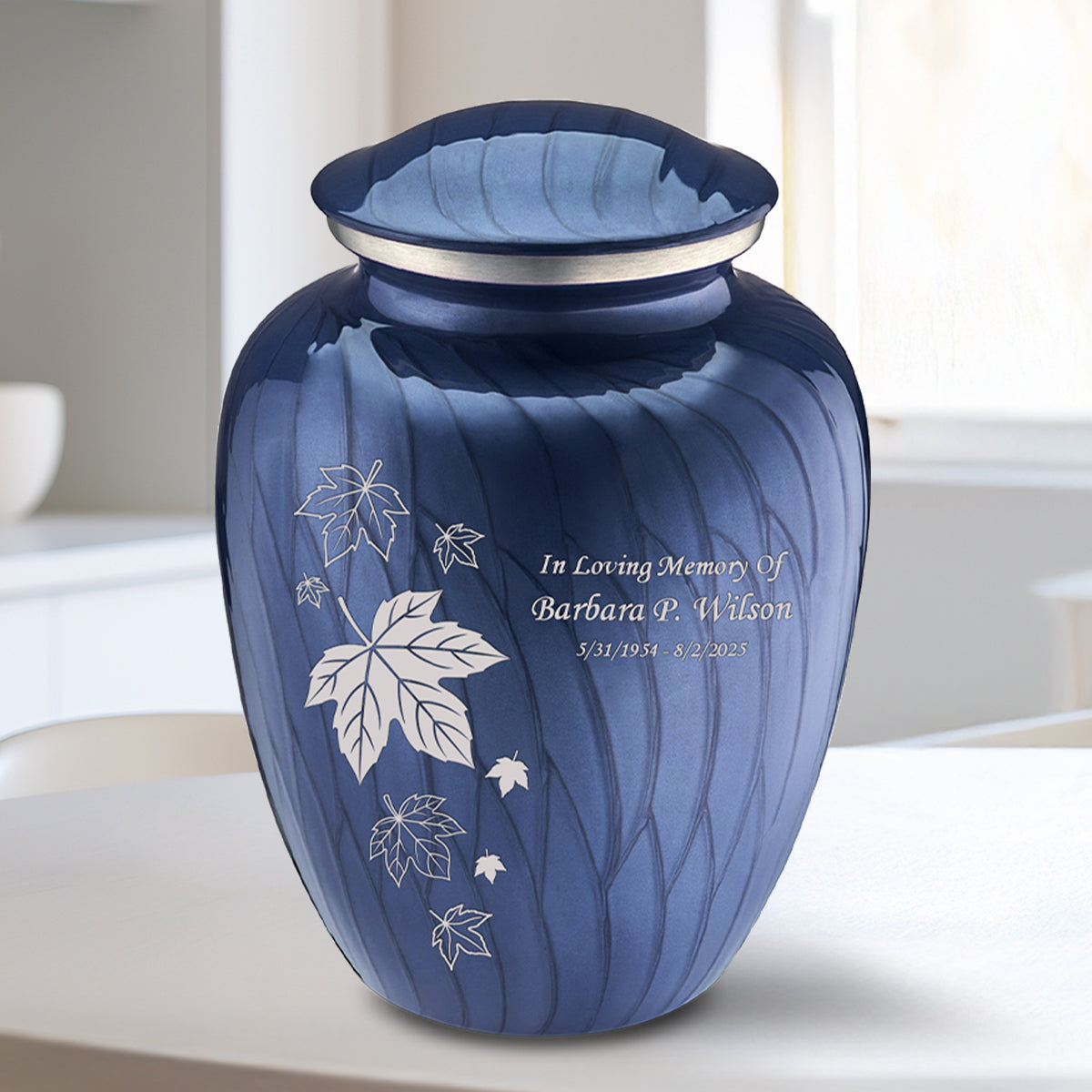 Medium Embrace Pearl Cobalt Blue Falling Leaves Cremation Urn